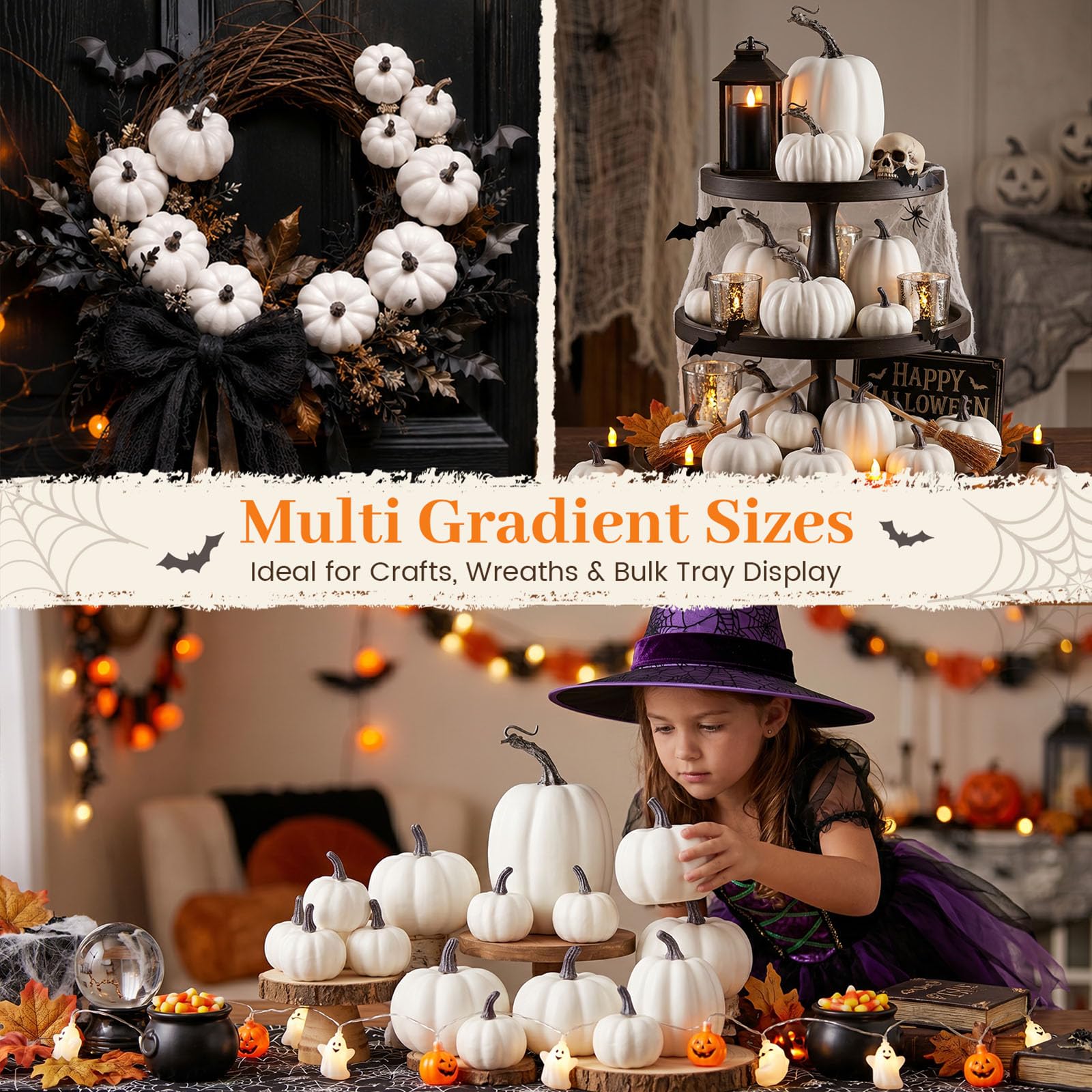 DomeStar 14 zucche artificiali bianche, dimensioni assortite, zucche in schiuma bianca, grandi zucche finte bianche, per decorazioni fai da te, autunno, Halloween, Ringraziamento