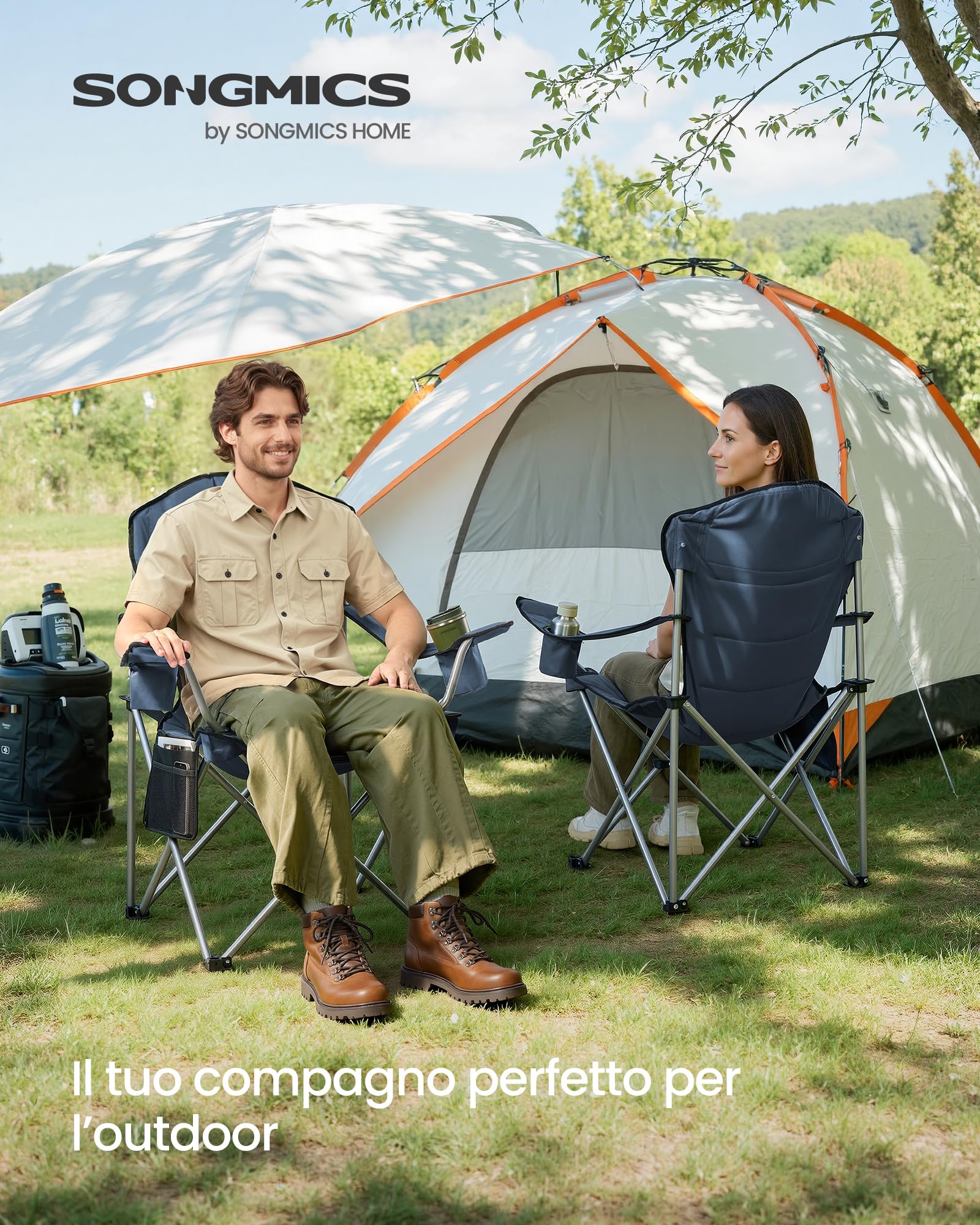 SONGMICS Sedia da Campeggio, Sedia Pieghevole e Portatile con Seduta Ampia, Schienale Alto, con Portabicchiere, Supporto per Cellulare, Organizzatore in Tessuto, Blu e Grigio GCB005QE01