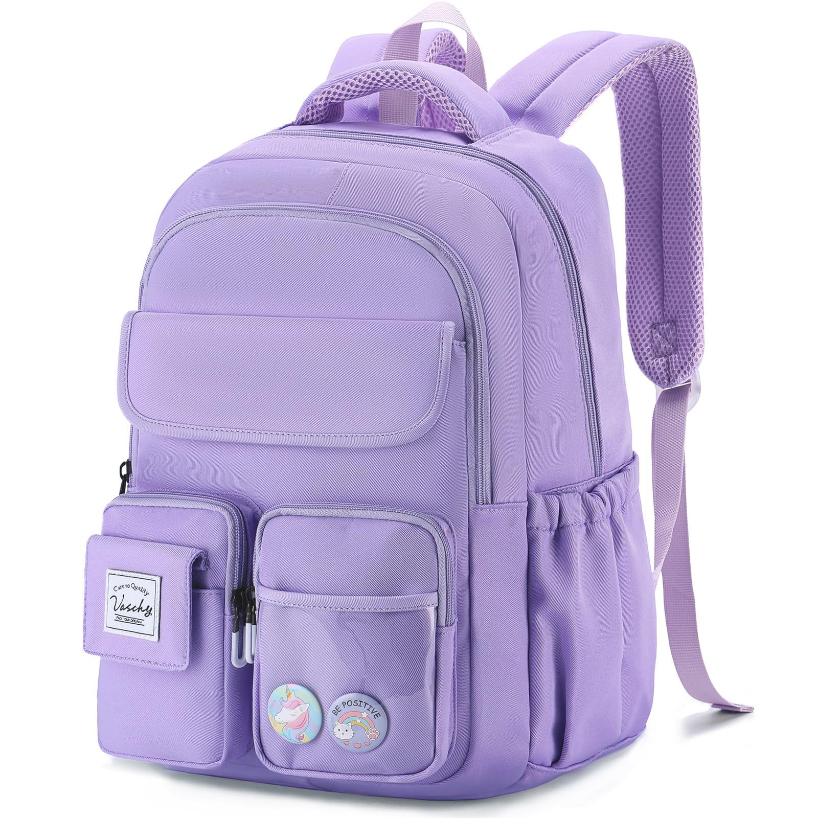 VASCHY Backpack for Girls, Cute School Bag Bookbag for Elementary Middle Schooler Teen Girls/Kids Travel with Clear Pin Pouch Purple