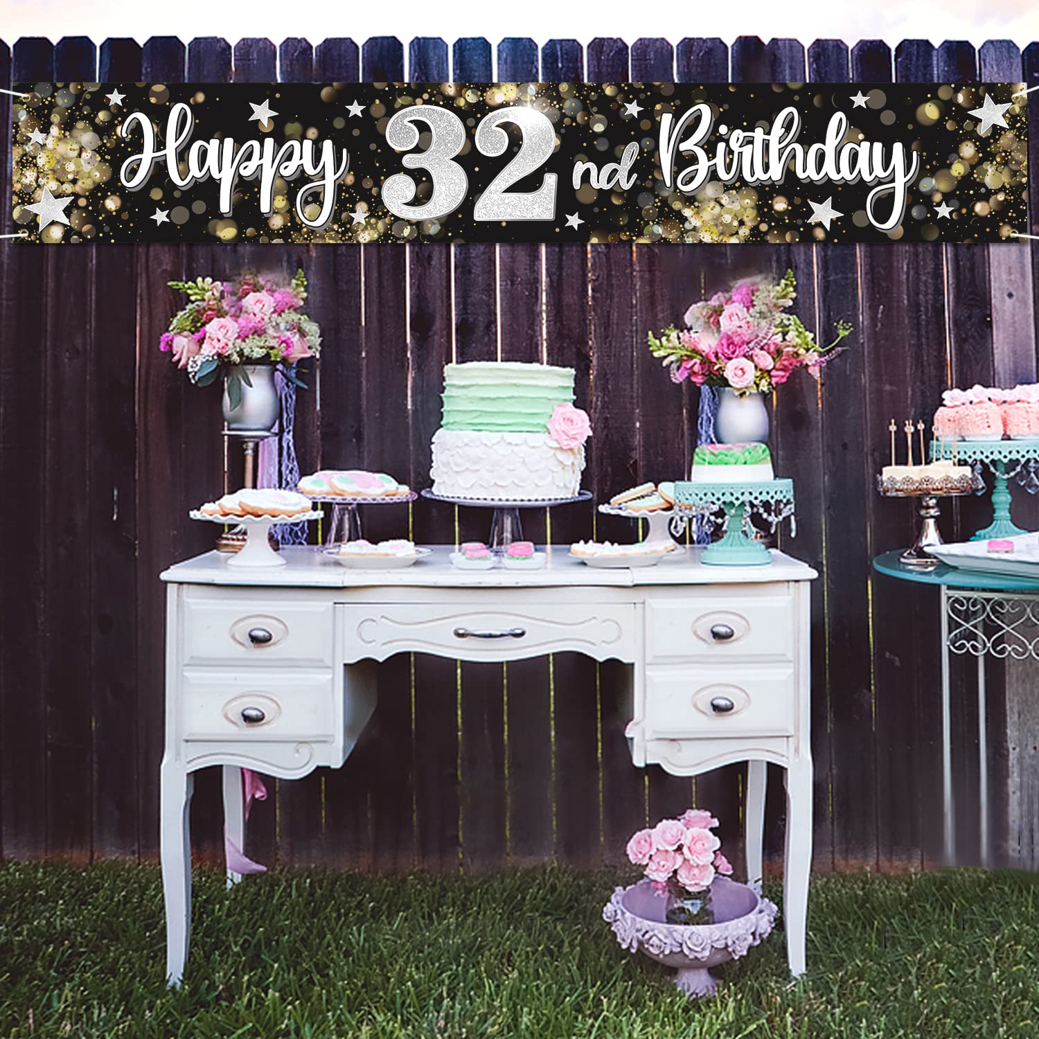 Happy 32nd Birthday Door Sign Banner - Black & Silver Star Design, Cheers To 32 Years, Party Decoration Backdrop - View #5