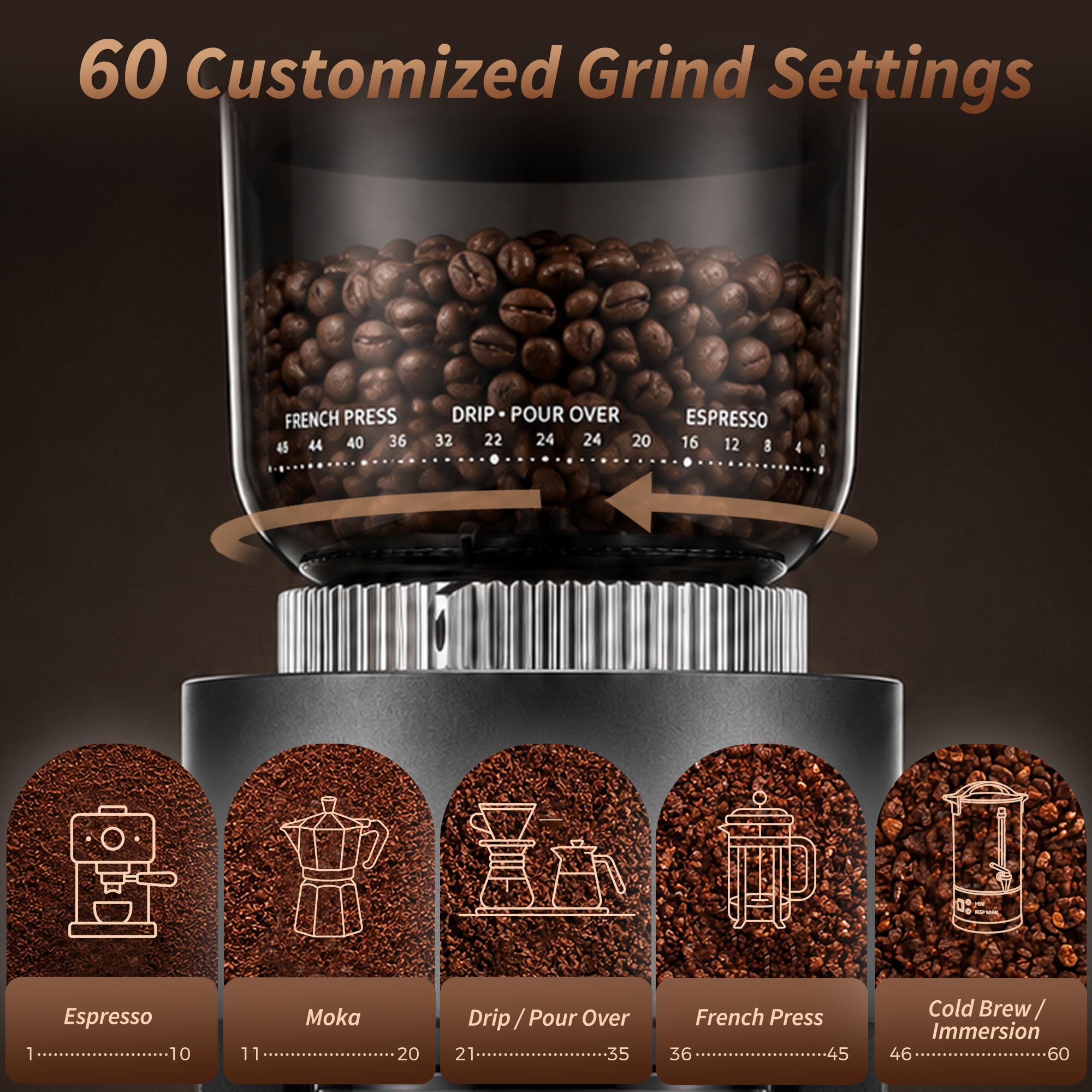 Bostar Molinillo de Café Eléctrico con 60 Niveles de Molienda, Pantalla Táctil LED Molinillo de Café para Espresso Café Filtrado Prensa Francesa, 1-12 Tazas| 1-20s Ajustable