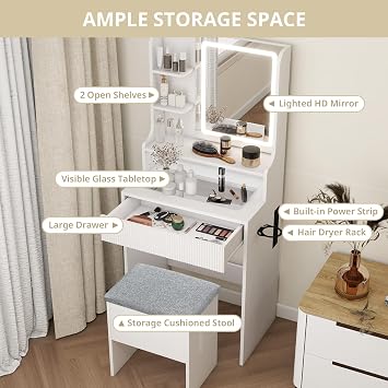 YOURLITE Dressing Table with LED Lights Mirror, Vanity Desk with Drawers