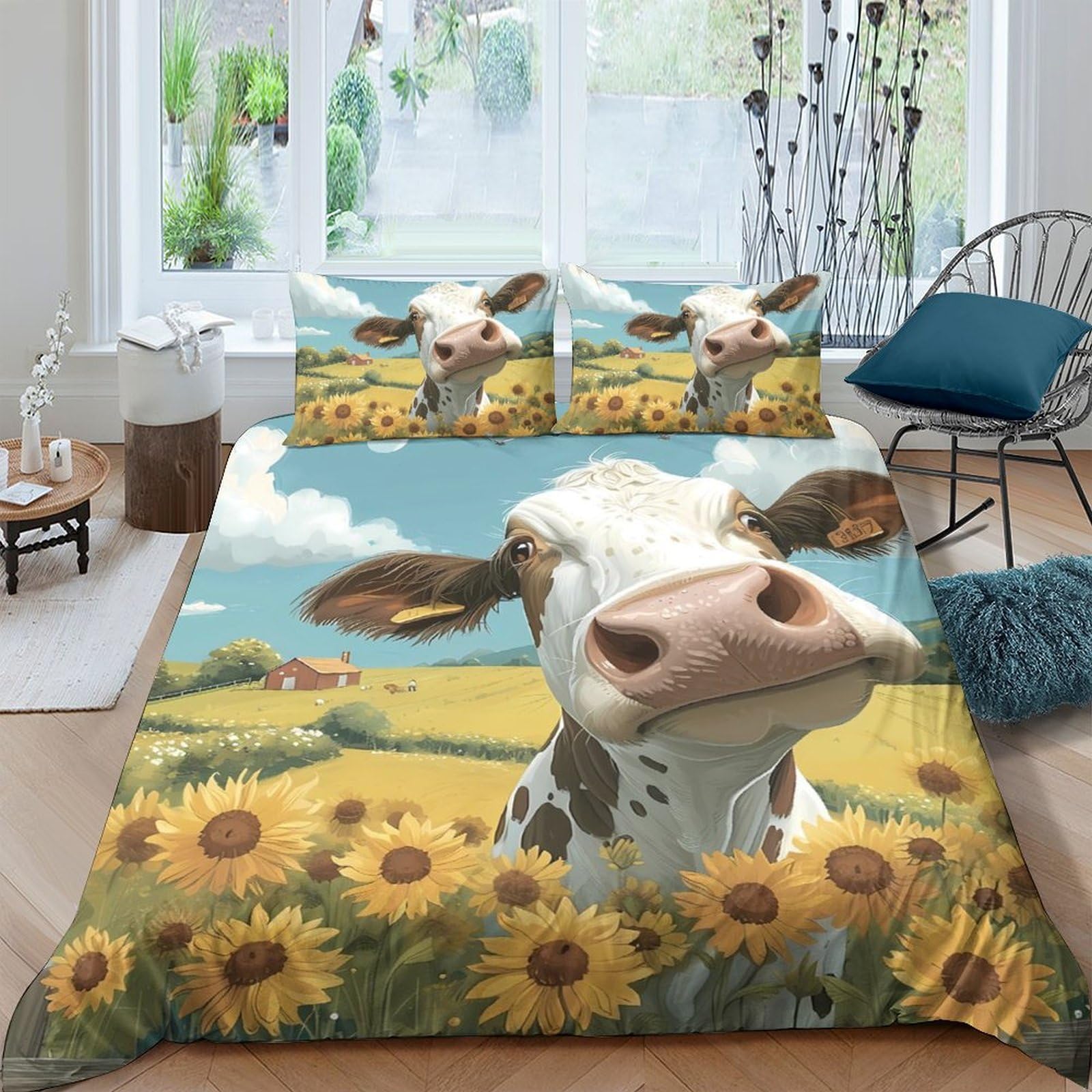 Ctjqhvkz Style-7 3D Printed Sunflower Cow Fitted Sheet Microfiber Soft Farm Meadow Bed Cover Bedroom Dorm Protection Decor Single（135X200cm）