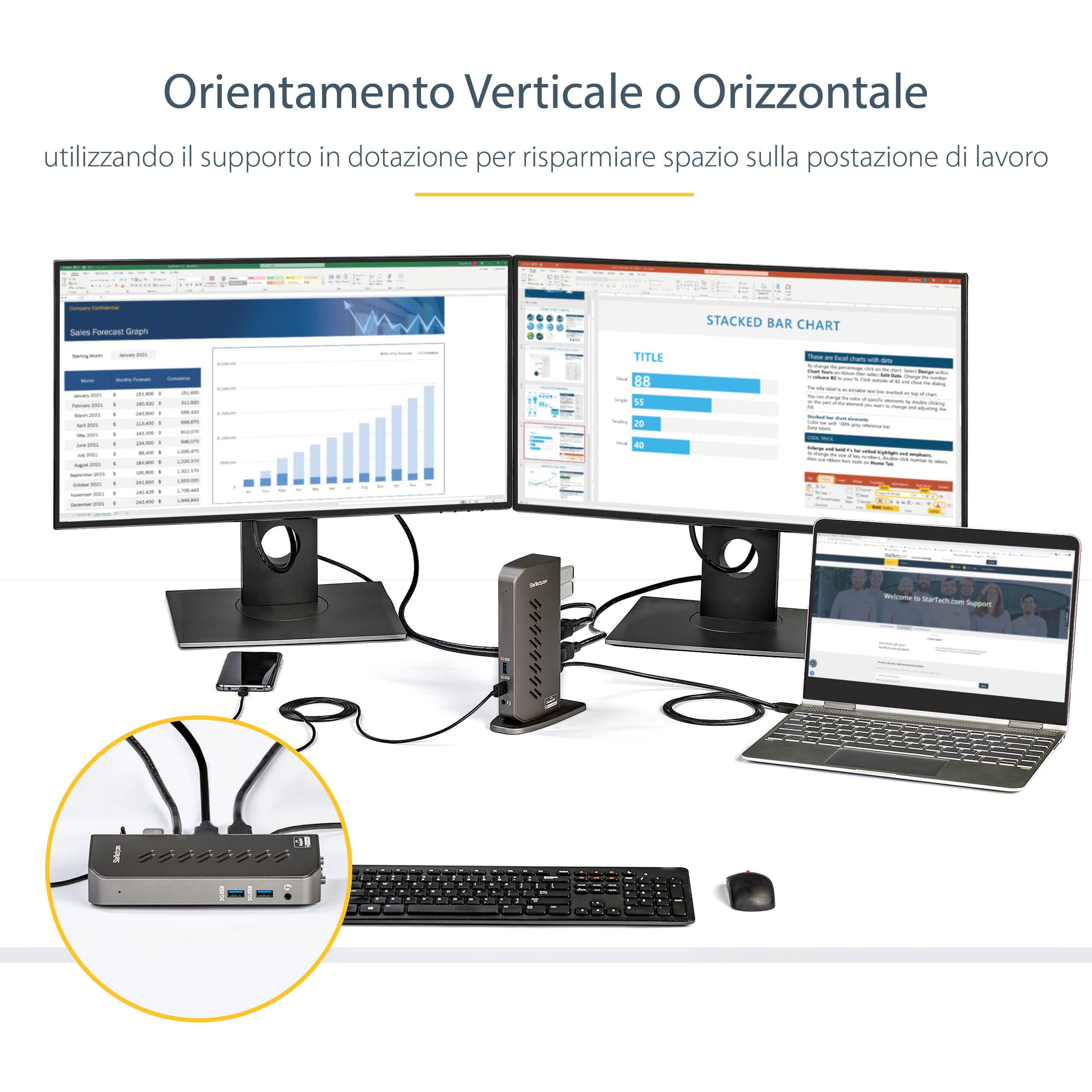 StarTech Dock Ibrido USB-C USB-A Universale Doppio 4K DisplayLink, 6x USB-A | Hub a 6 porte USB-A, Doppio monitor 4K a 60Hz, Ideale per multi monitor, Tecnologia ibrida
