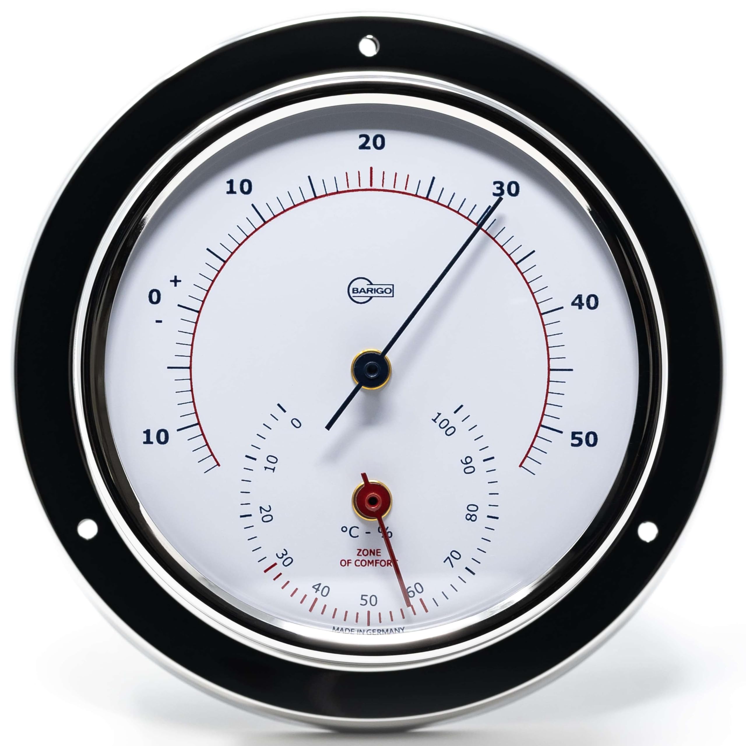 BARIGO 983RFPO.AV SKY - Termoigrometro sintetico, 110 x 35 mm, con termometro bimetallico, in acciaio inox lucido, scala rosso-blu