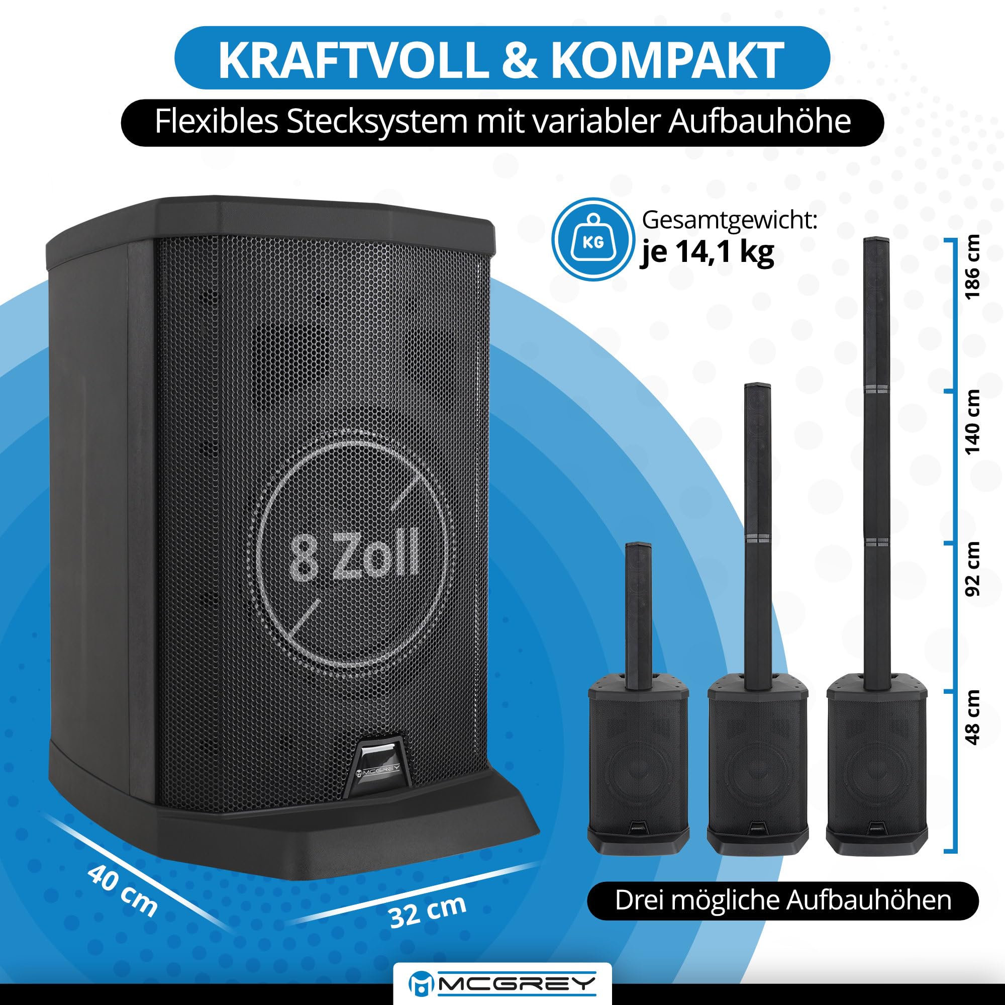 McGrey E-208LA Aktiv Line Array Säulenanlage Stereo Set 2x 100W RMS 8" Subwoofer 2,5" Lautsprecher Bluetooth Schwarz
