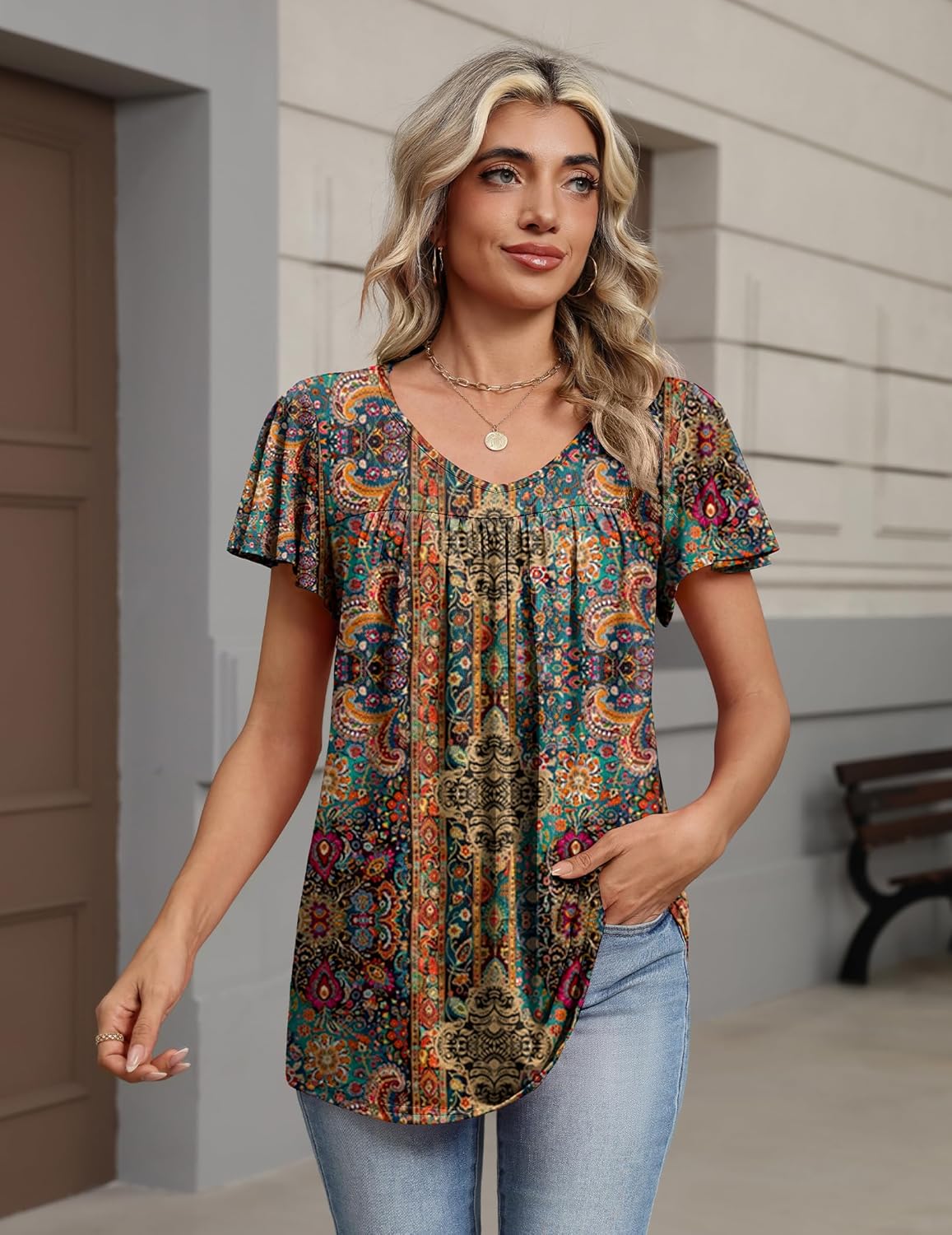 Zeagoo Women Tops Summer Ruffle Short Sleeve Shirts V Neck T Shirts Pleated Tunic Tops Work Blouses Business Outfits - Image 4