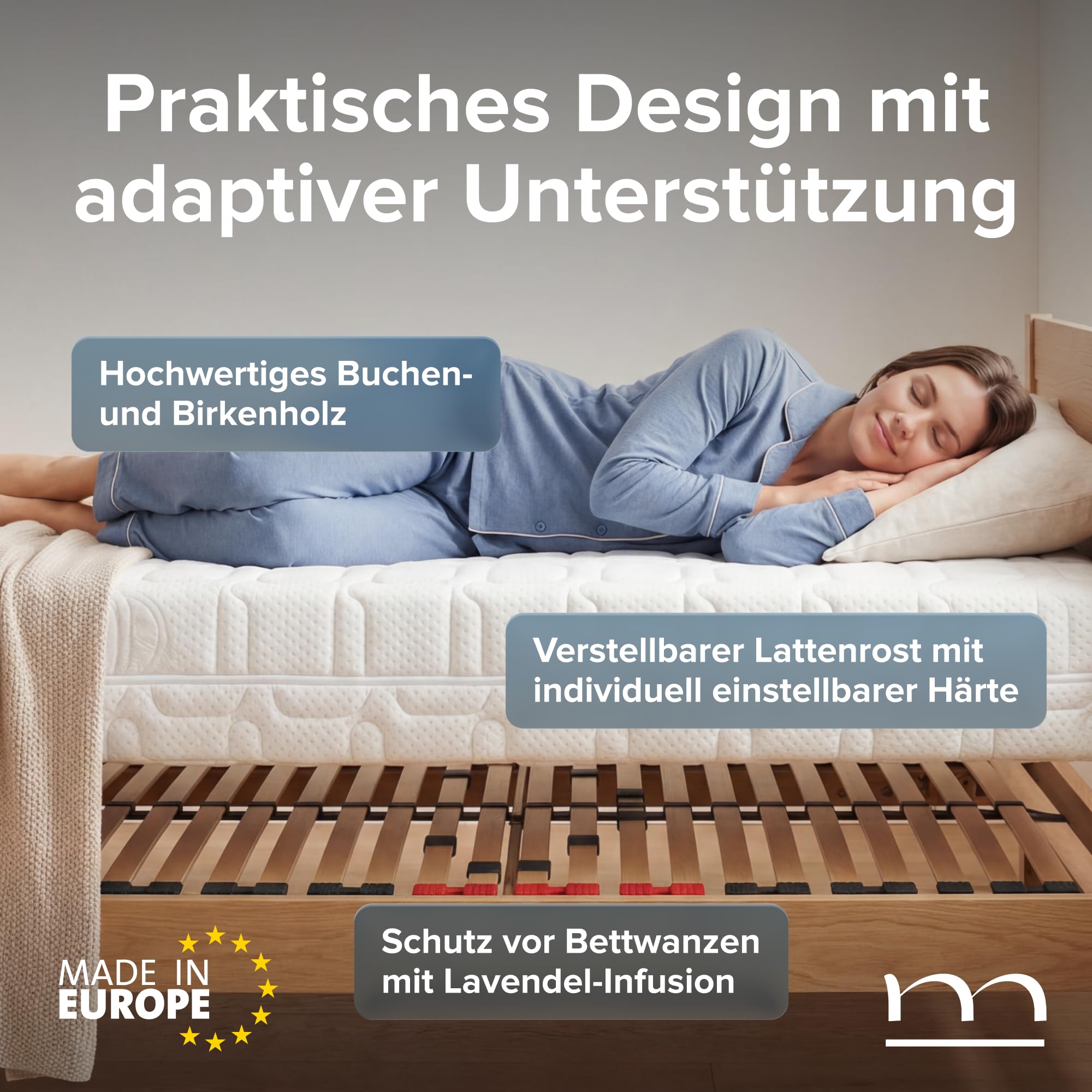 Lattenrost 90x200 cm Verstellbar mit Bettkasten-Zugang | 28 Federholzleisten | 3 Zonen | Kopfteil Verstellbar | Aufklappbar | Lattenrahmen 90x200 cm | Bettrost Birkenholz Buchenholzrahmen