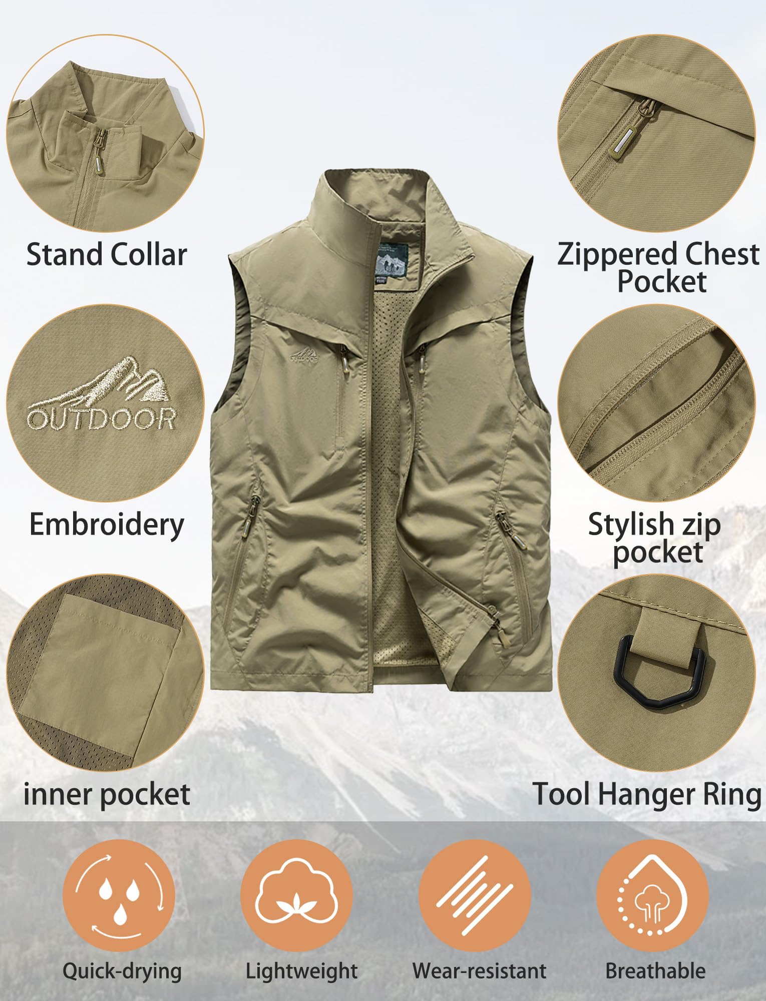 FEOYA Gilet D'extérieur pour Homme Gilets de Pêche avec Multi-Poches Léger à Séchage Rapide Gilet Sans Manches de Sport Voyage Camping Chasse Photographie Camping