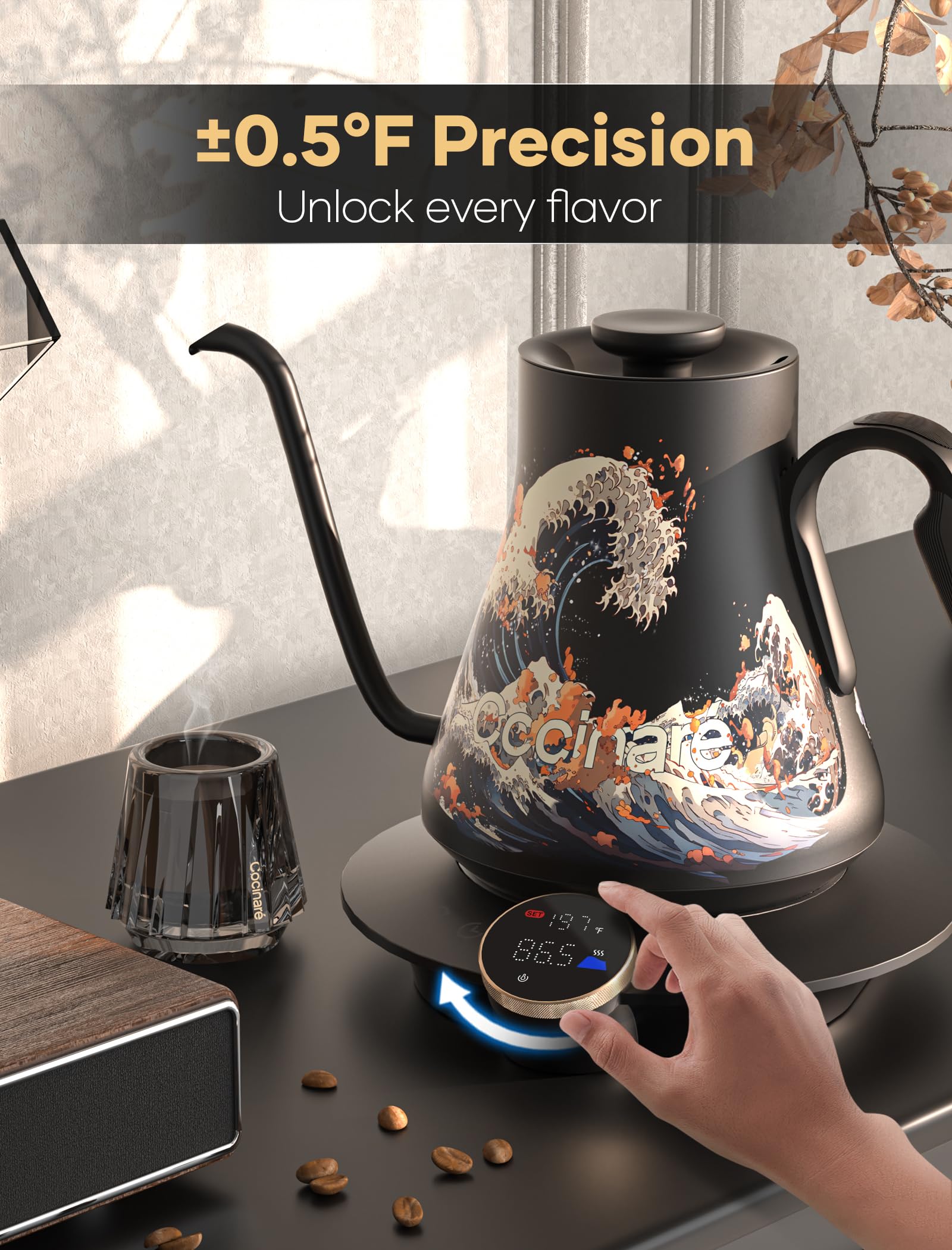 Cocinare Artisan Collection Gooseneck Electric Kettle, ±0.5°F Temperature Control for Pour Over Coffee & Tea, 1500W Quick Heating, Stainless Steel Interior, 0.9L, Wave Design