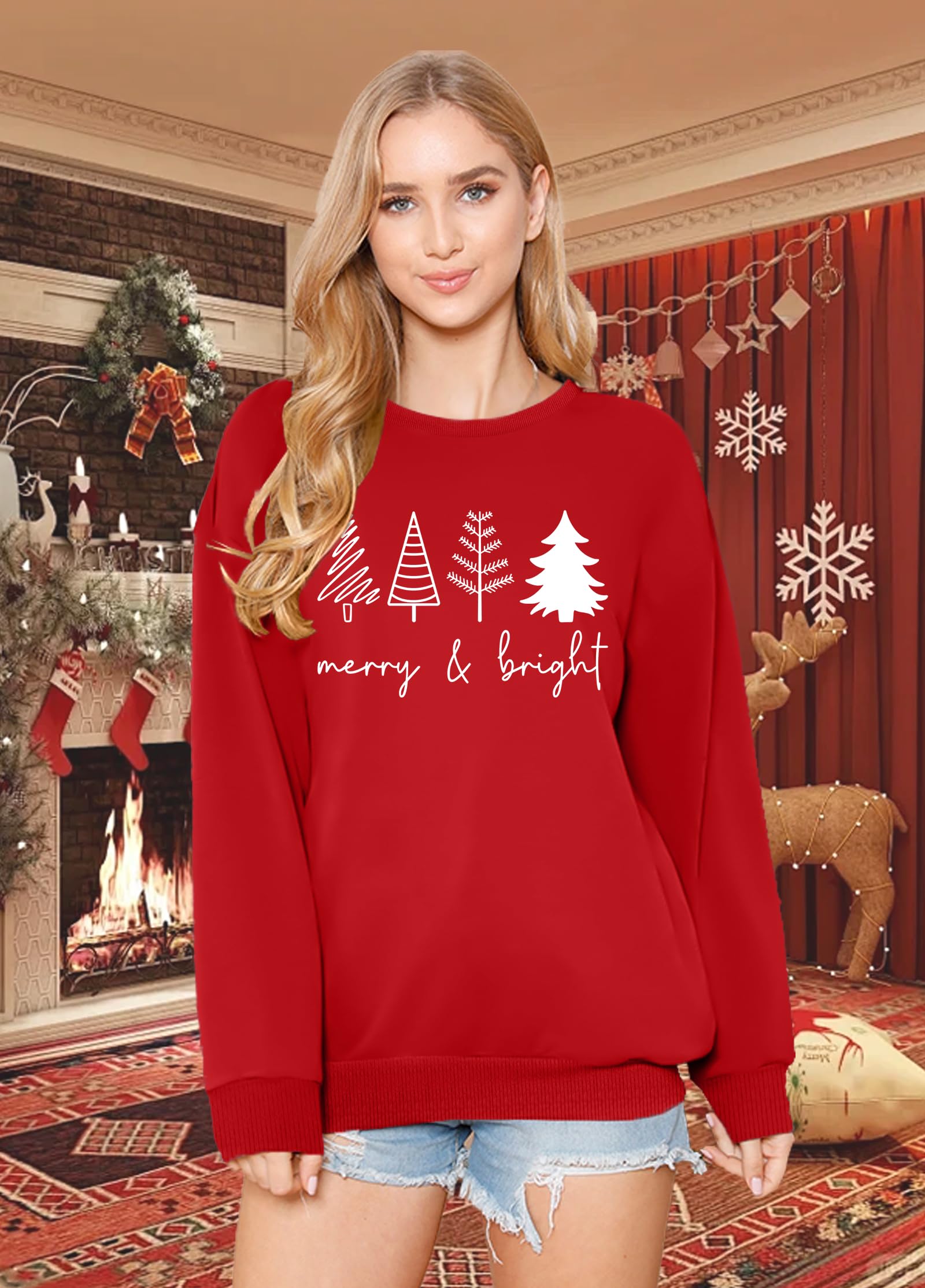 VVNTY Bluza bożonarodzeniowa damska Merry and Bright, zabawny sweter bożonarodzeniowy sweter z długim rękawem