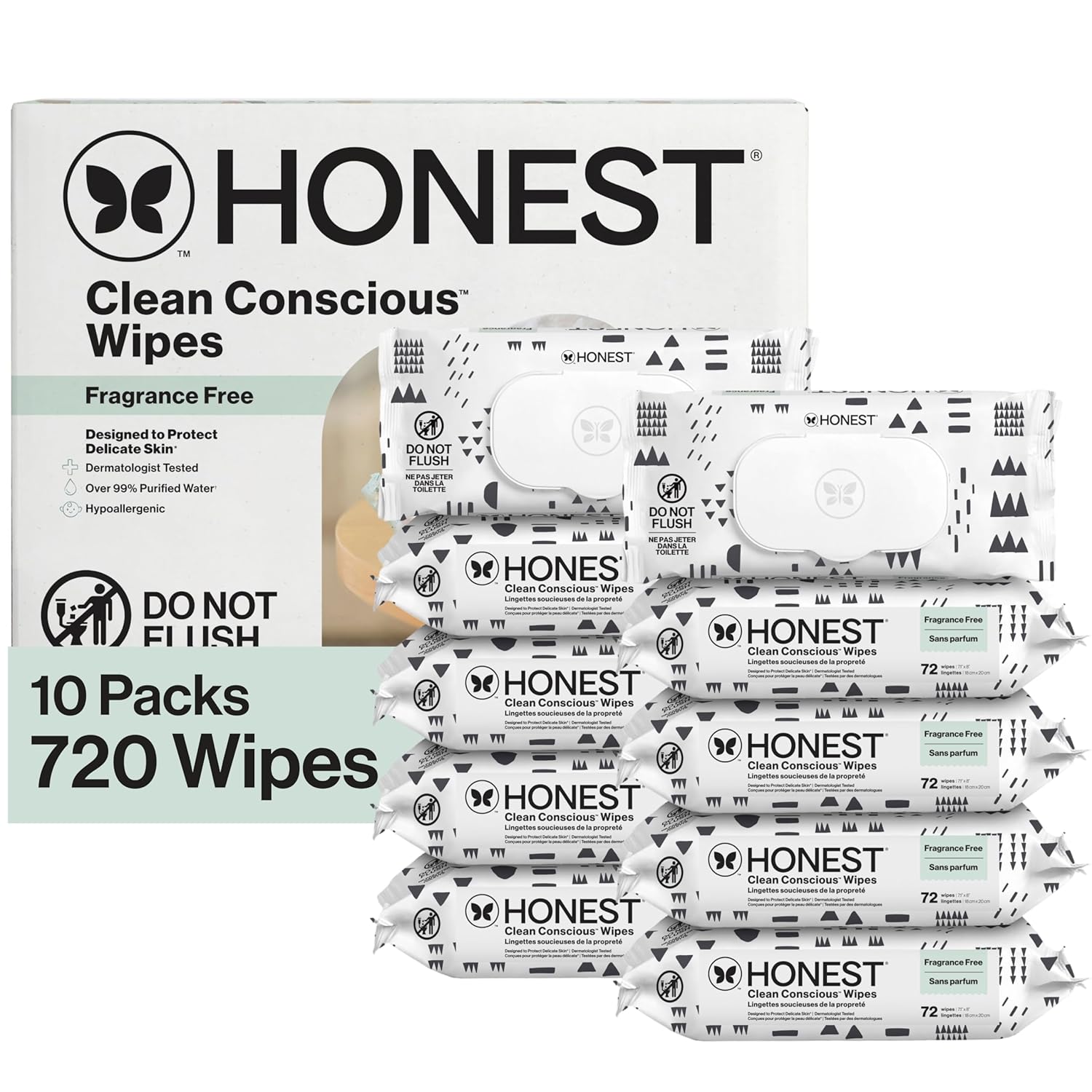 The Honest Company Clean Conscious Multi-Use Wipes, Unscented Hypoallergenic Baby Wipes for Sensitive Skin, 99% Water Plant-Based Compostable Wipes, Pattern Play, 720 Count Pattern Play 72 Count (Pack of 10)