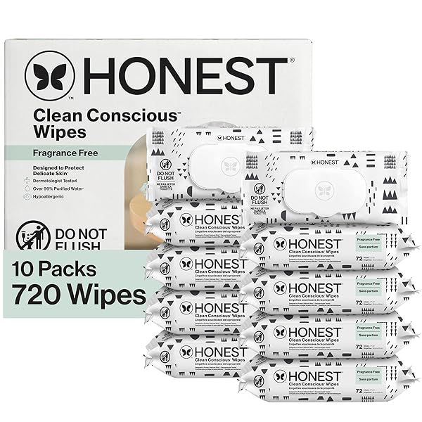 The Honest Company Clean Conscious Multi-Use Wipes, Unscented Hypoallergenic Baby Wipes for Sensitive Skin, 99% Water Plant-Based Compostable Wipes, Pattern Play, 720 Count