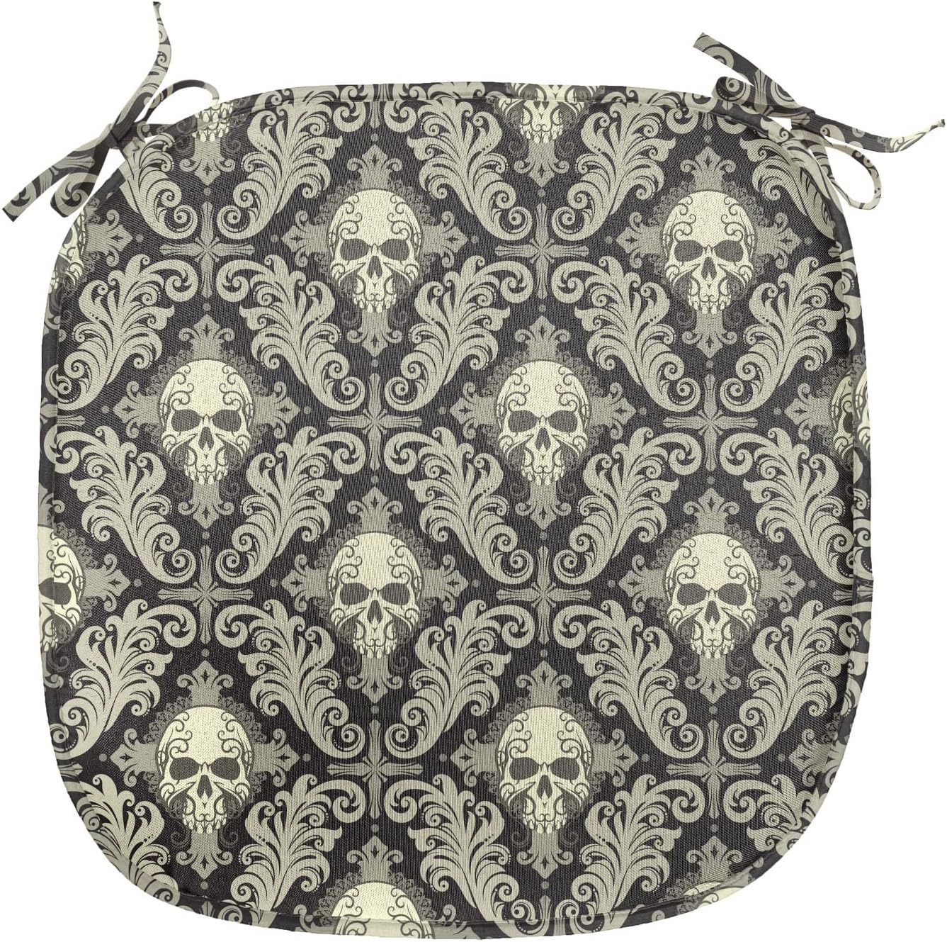 Lunarable Skull Chair Seating Cushion Set of 2, Skulls with Floral Curly Details Antique Victorian Design Gothic Elements, Anti-Slip Seat Padding for Kitchen & Patio, 16"x16", Cream Taupe Black