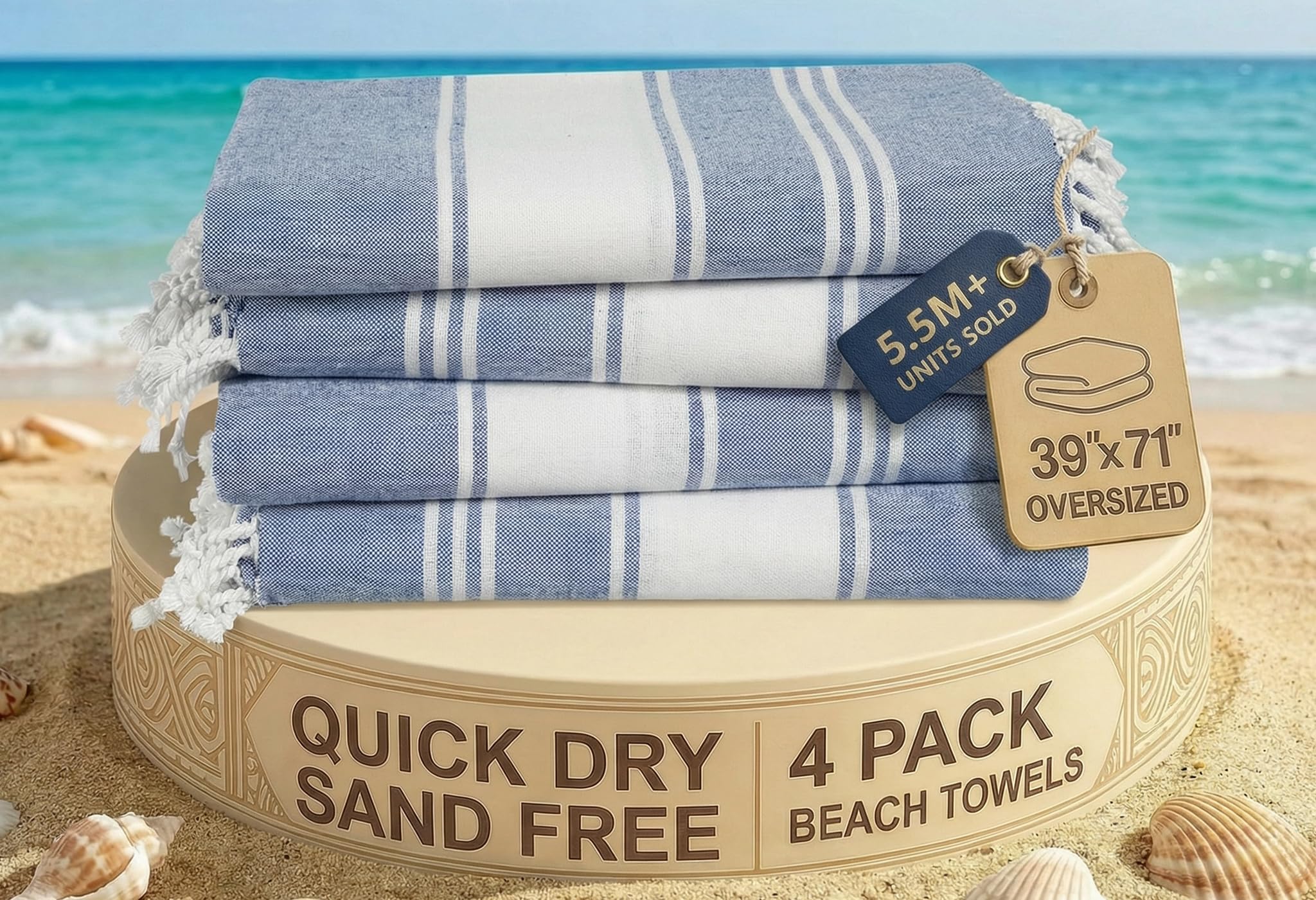 LANE LINEN Beach Towels 4 Pack Oversized - Turkish Towel Set, Pre-Washed Oversized Beach Towel, Quick Dry Beach Towels for Travel, Beach Towel Large,