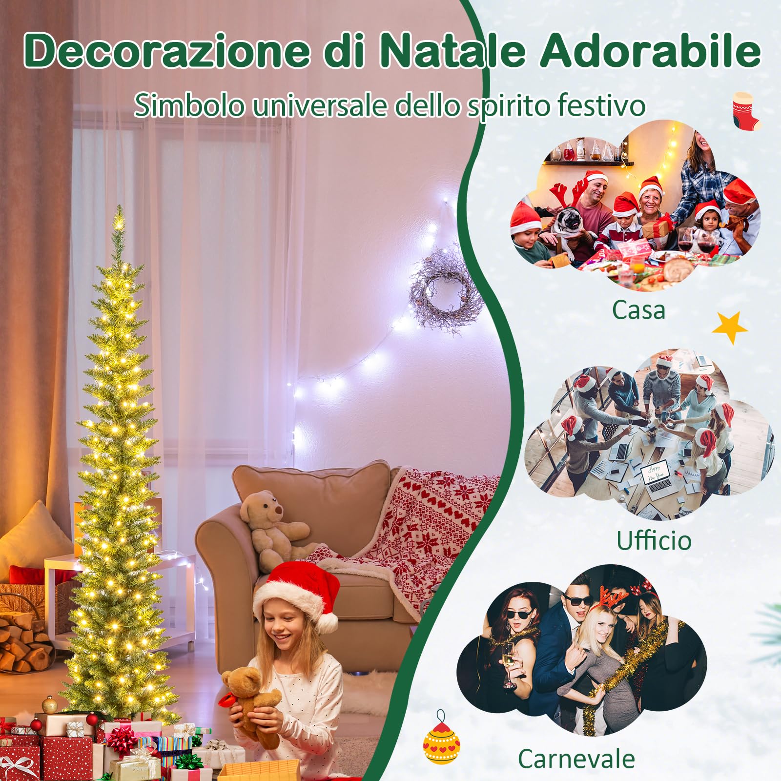 COSTWAY Albero di Natale Slim da 150/180/210 CM, Albero di Natale Artificiale con 150/180/200 Luci LED Bianche Calde, 296/390/499 Punte di Ramo e Supporto Pieghevole in Metallo (180 cm)