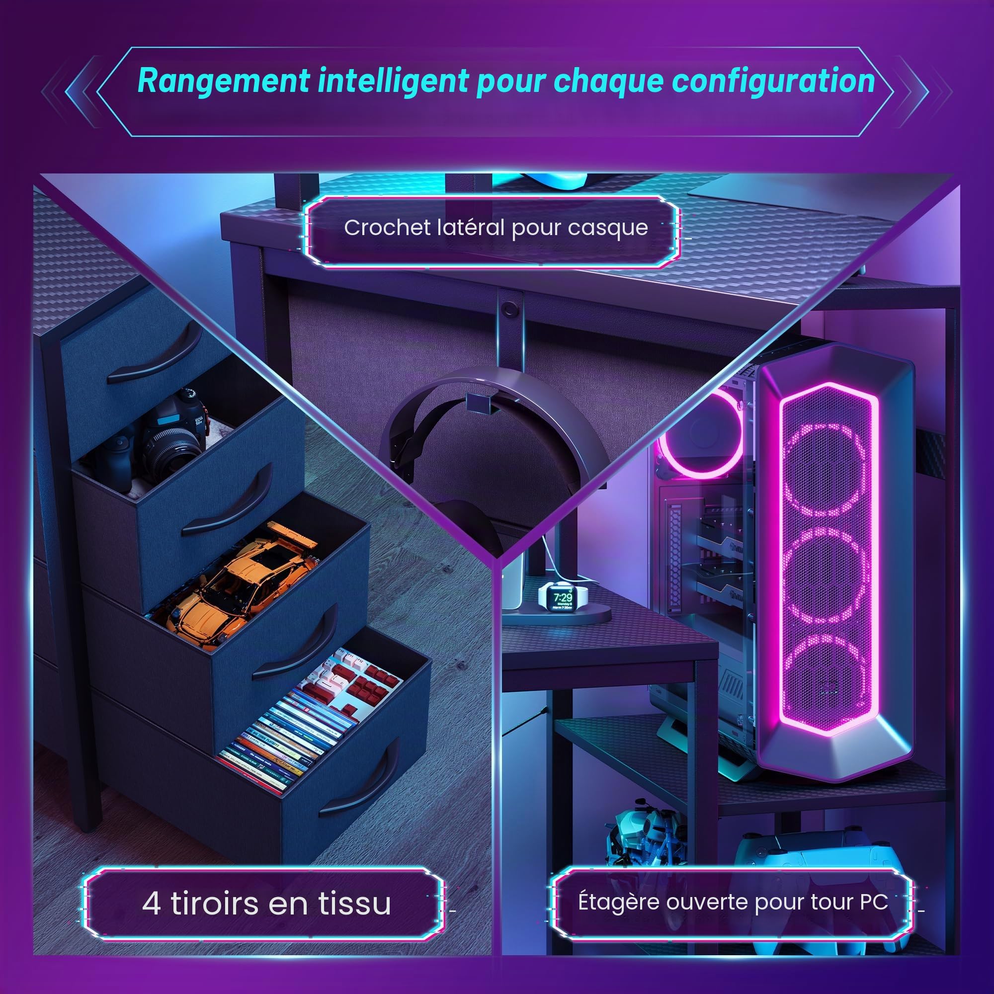 YOUDENOVA Bureau gaming avec 4 tiroirs en tissu, 130 x 48 cm, bureau d'ordinateur réversible avec LED et prise, bureau avec support moniteur, port USB, table PC pour home office et gamers, noir