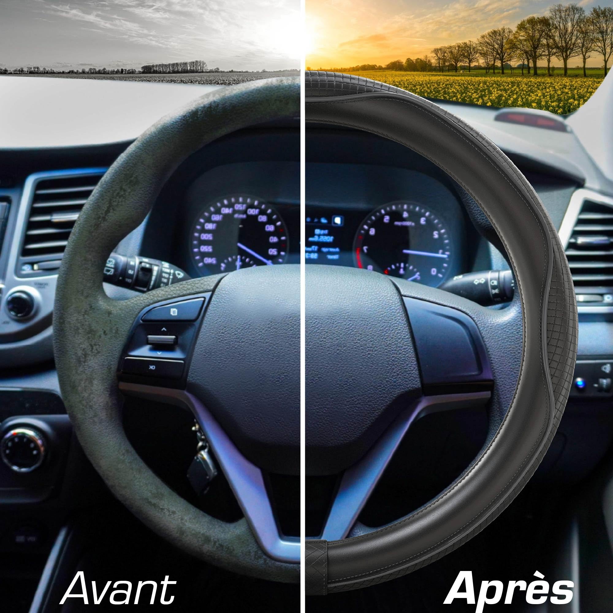 Upgrade4cars Couvre Volant Voiture Noir Simili Cuir | Housse de Protection Taille Universel 37-38 cm | Accessoires Auto Decoration Interieur Protege
