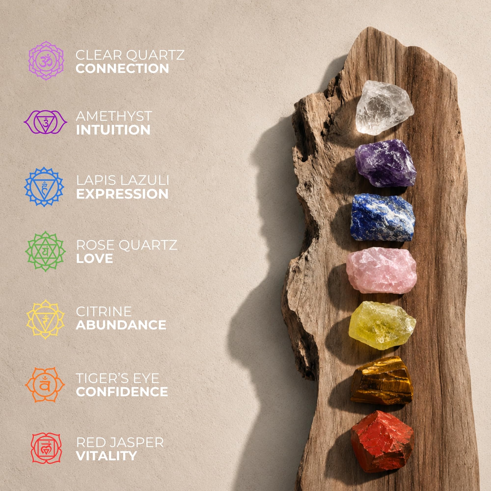 Anima Set di Cristalli 7 Chakra Premium – Ametista Grezza, Quarzo Rosa, Citrino, Lapislazzuli, Quarzo Ialino, Occhio di Tigre e Diaspro Rosso – Scatola in Legno & Guida