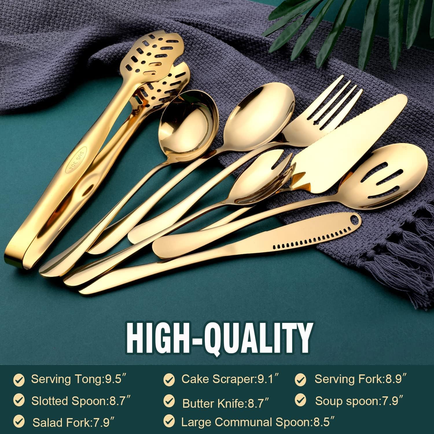 OGORI Juego de cubiertos dorados de 8 piezas, cubiertos de acero inoxidable, incluye cuchara de servir, cuchara de sopa, servidor de pasteles, tenedor, tenedor de ensalada, cuchillo de mantequilla