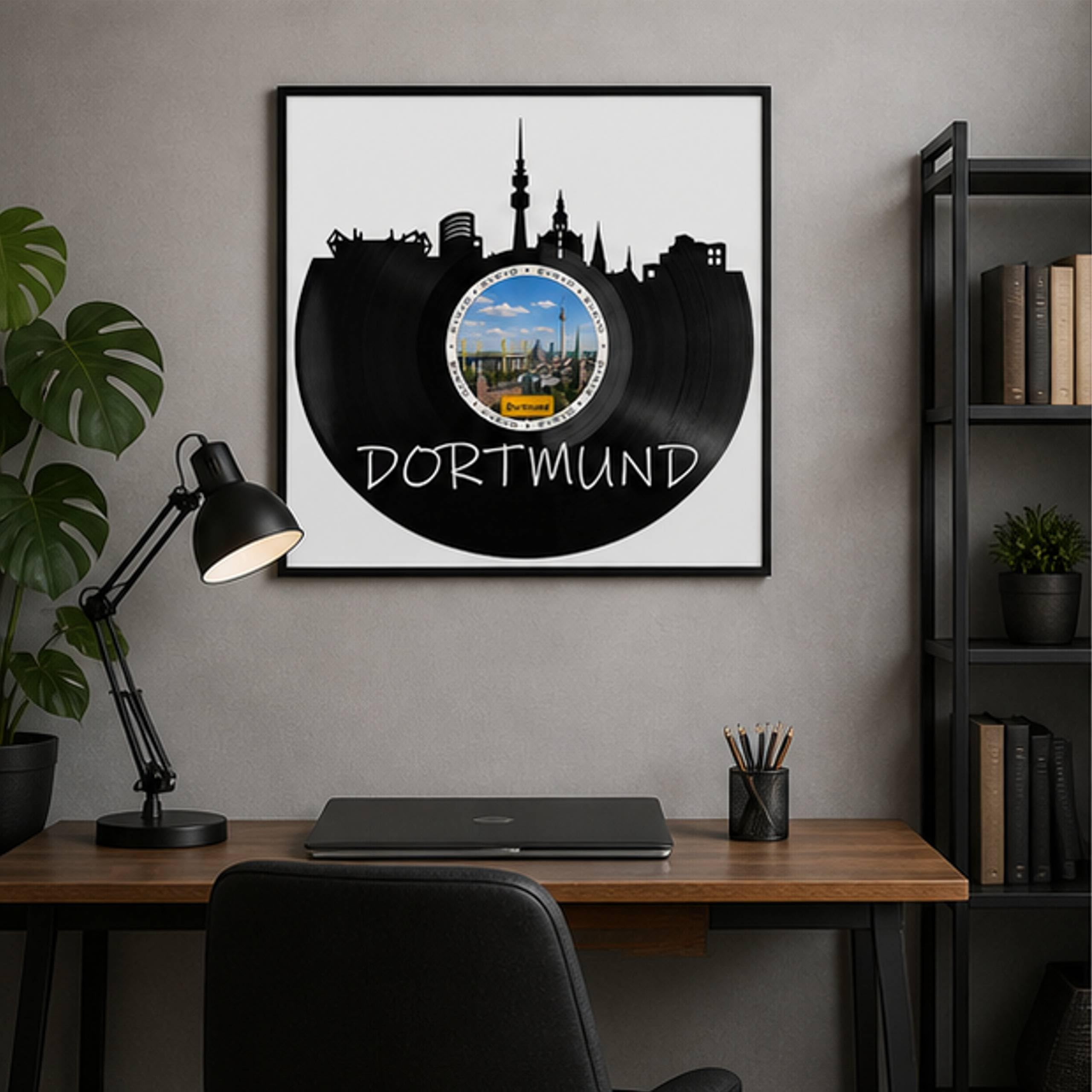 EVEVO Decorazione da parete in vinile con cornice, 32 x 32 cm, motivo: Dortmund, skyline di Ruhrpott, regalo per gli appassionati di calcio