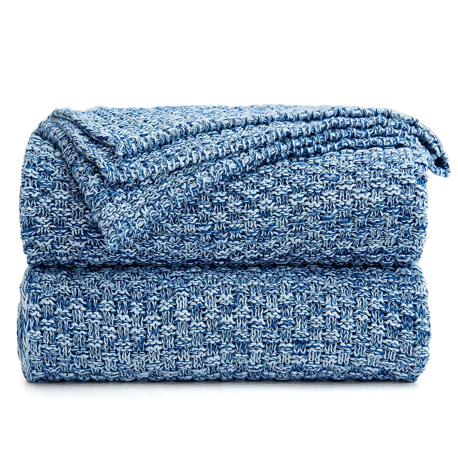 Longhui bedding Blue Knitted Throw Blanket for Couch, Soft, Cozy Machine Washable 100% Cotton Sofa Knit Blankets, 60 x 80 Inches Oversized, Blue and White Color, Laundry Bag Included