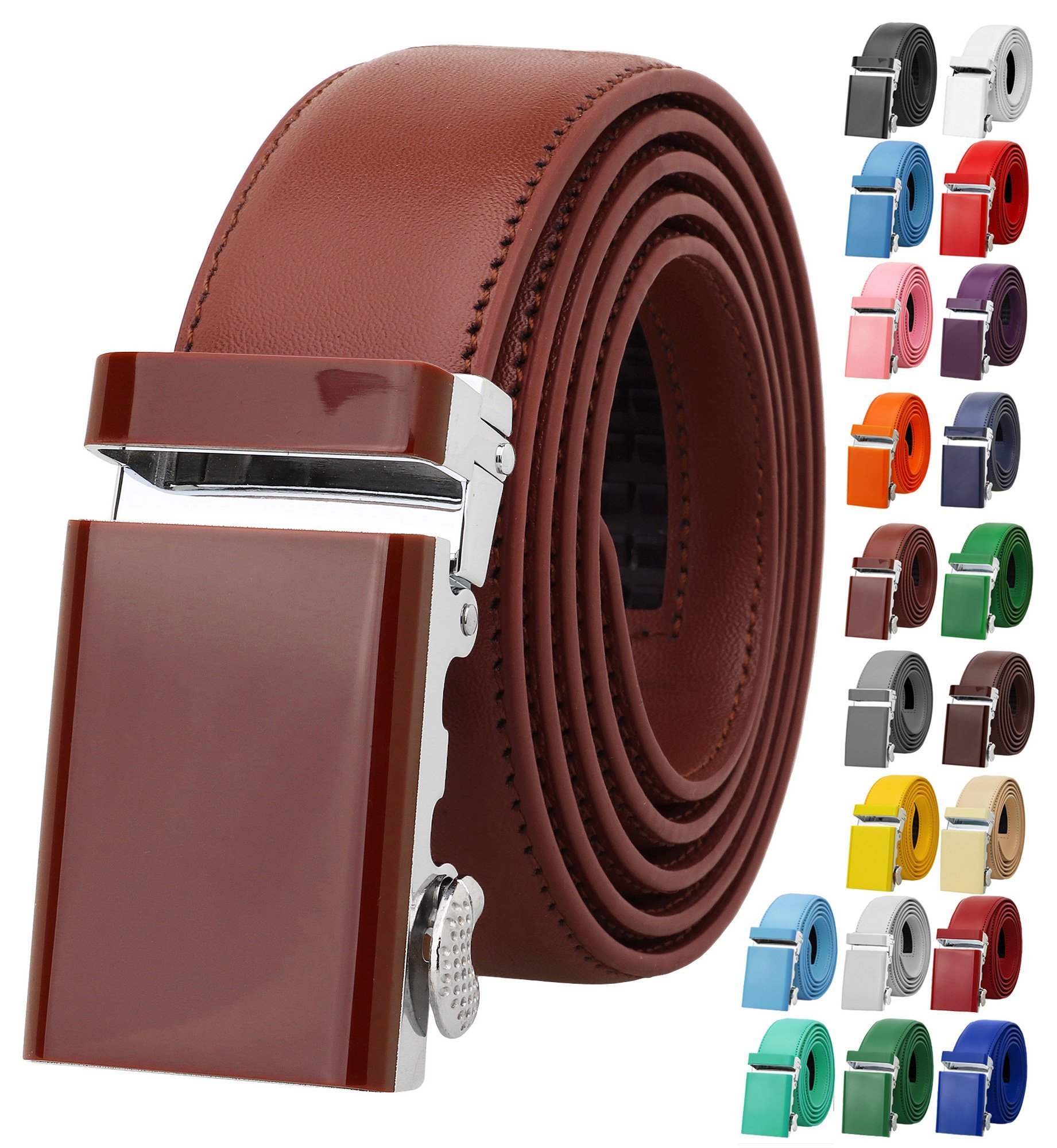 Falari Men Unisex Genuine Leather Ratchet Dress Belt Automatic Sliding Buckle - 20 Variety Colors - Trim to Fit