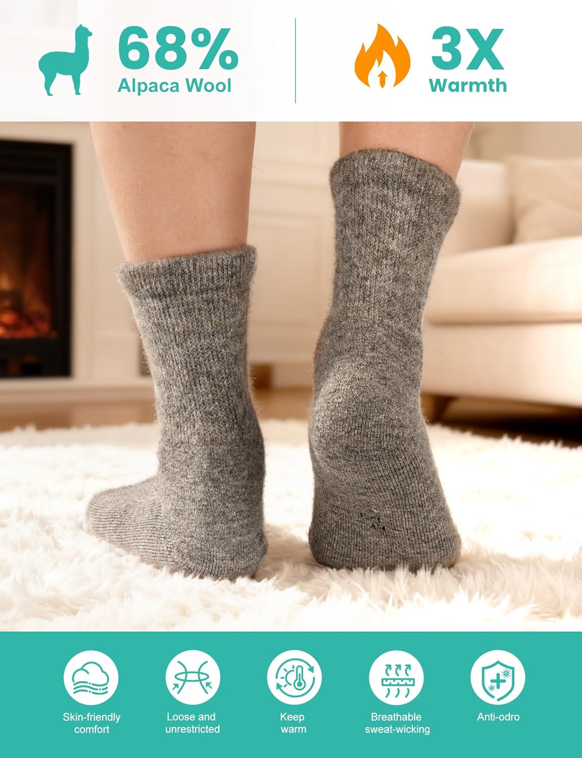 Alpaca Wool Diabetic Socks for Women - Non Binding Wide Fit,Moisture Wicking,Warm,Breathable,Seamless Toe,2 Pairs - Image 2