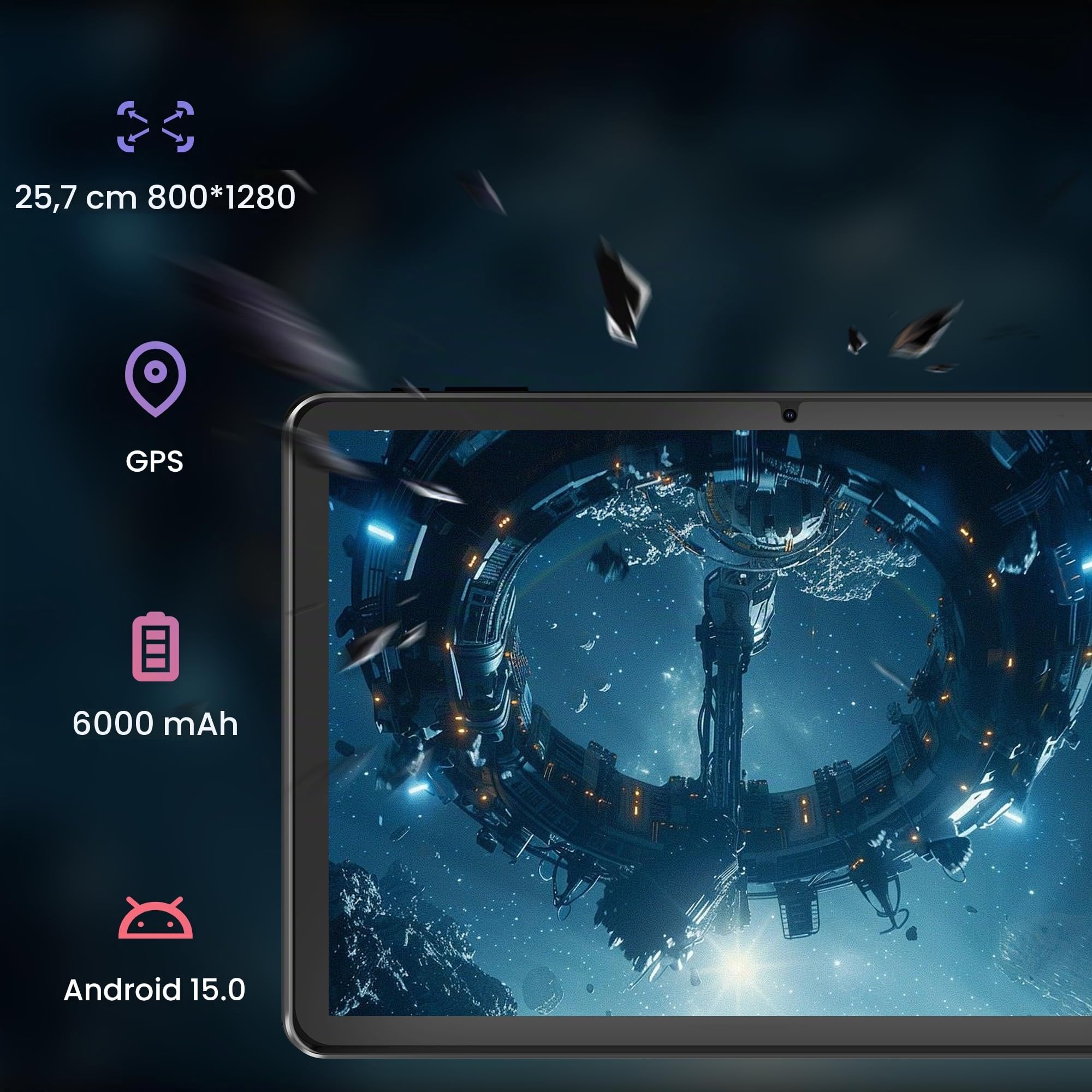 Android-Tablet, 10,1 Zoll, Android 15, 18 GB (6+12) RAM, 128 GB ROM, 1280 x 800 IPS-HD-Touchscreen, 6000-mAh-Akku, Bluetooth, Dual-Kamera, GMS, WLAN (Schwarz)