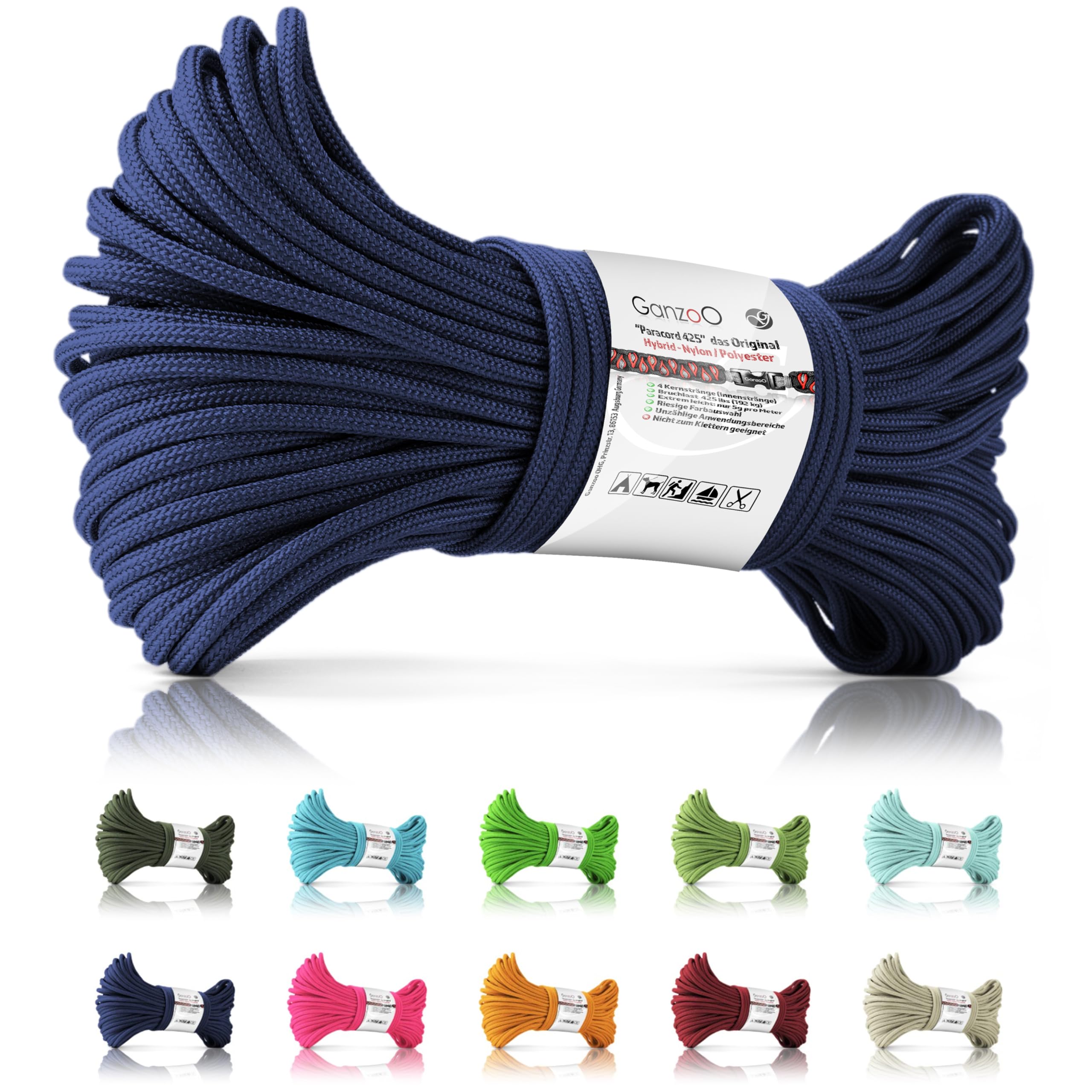 Ganzoo Paracord 425 typ 2 sznur rdzeniowy 3 mm, 30 m, nylon/poliester, 4 rdzenie, Navyblue, linka do wiązania i organizacji, do bushcraftu, campu, odciągów, bransoletek i akcesoriów psa