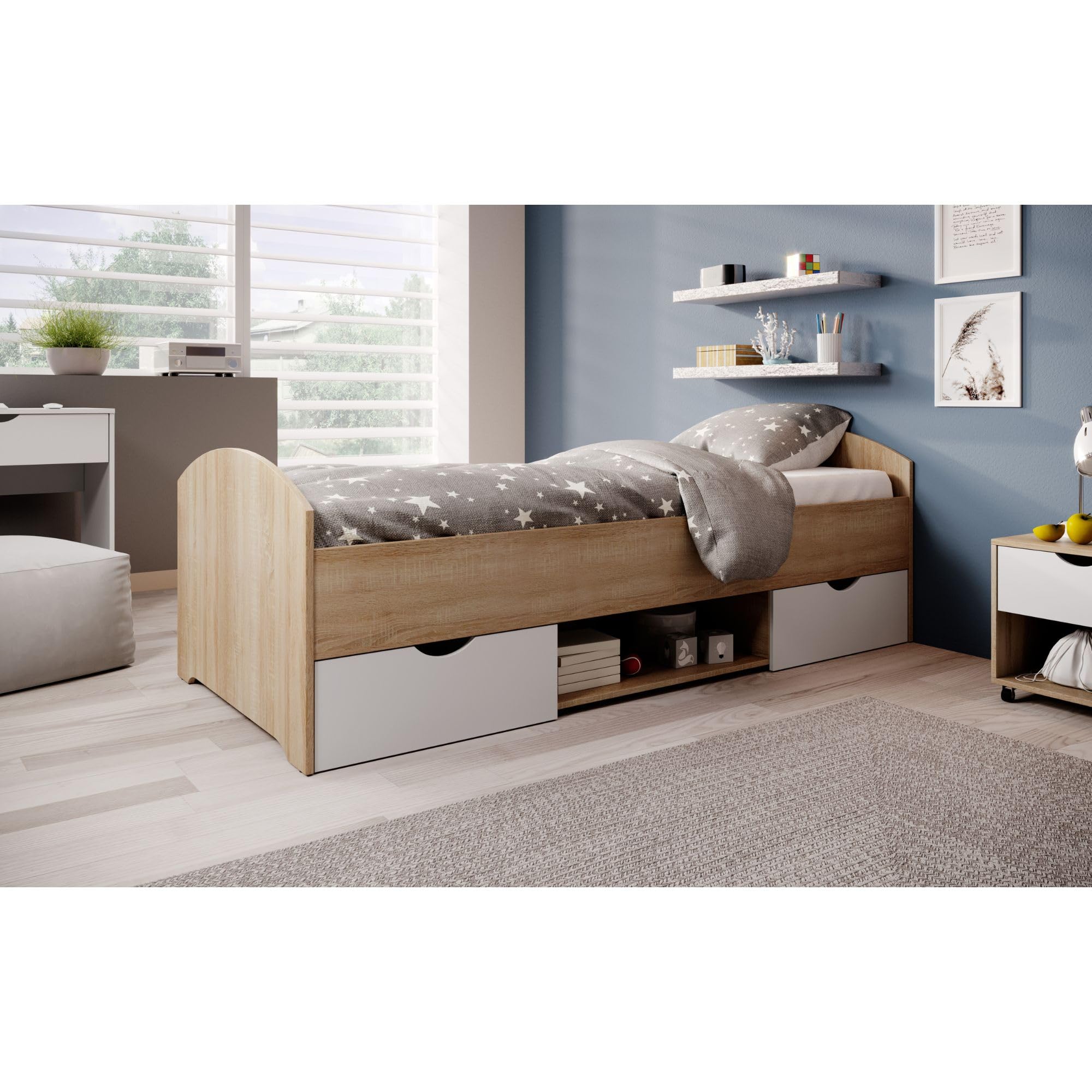 Stella Trading NEMO Modernes Einzelbett mit 2x Schubkästen 90 x 200 cm - Praktisches Jugendzimmer Kojenbett in Eiche Sonoma Optik - 96 x 66 x 204 cm (B/H/T) | 96 x 66 x 204 cm (B/H/T), Bett mit Stauraum, 2 Schubkästen auf Rollen, offenes Fach, Schlafzimme