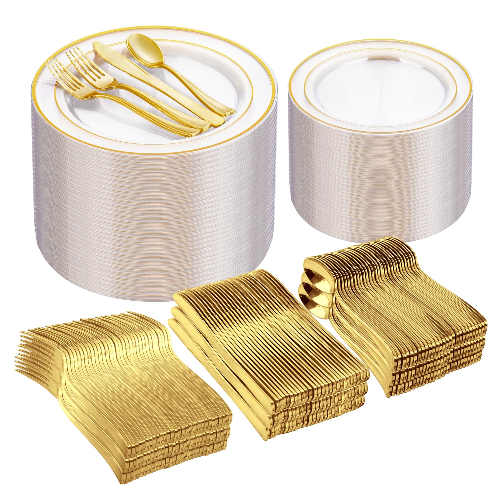 I00000 600Pcs Clear Gold Plastic Plates for 100 Guests, Plastic Dinnerware Set of 100 Gold Disposable Plates, 100 Dessert Plates, 200 Forks, 100