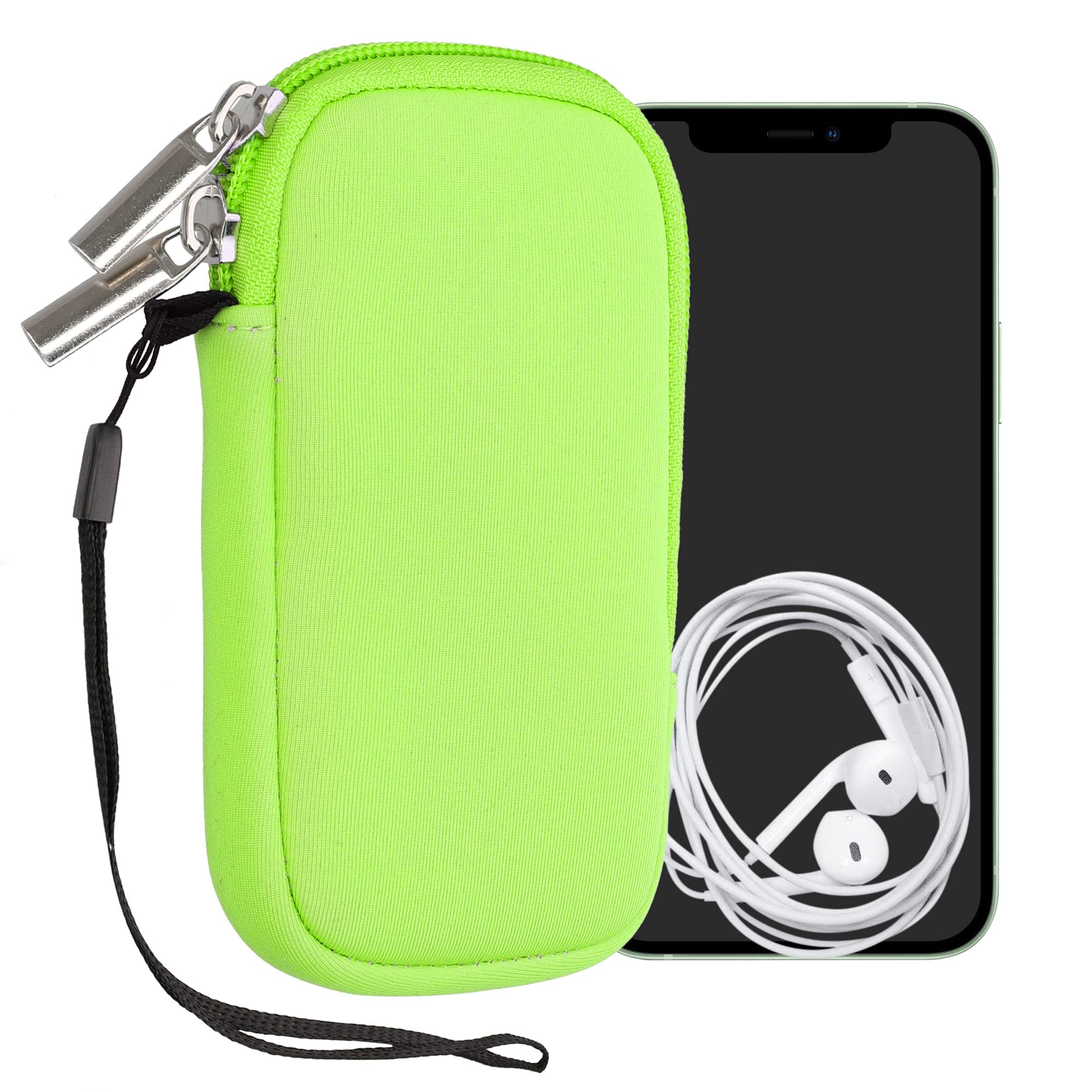 kwmobile Neoprene Phone Pouch Size XS - 3,5/4" - Universal Cell Sleeve Mobile Bag with Zipper, Wrist Strap - Neon Green
