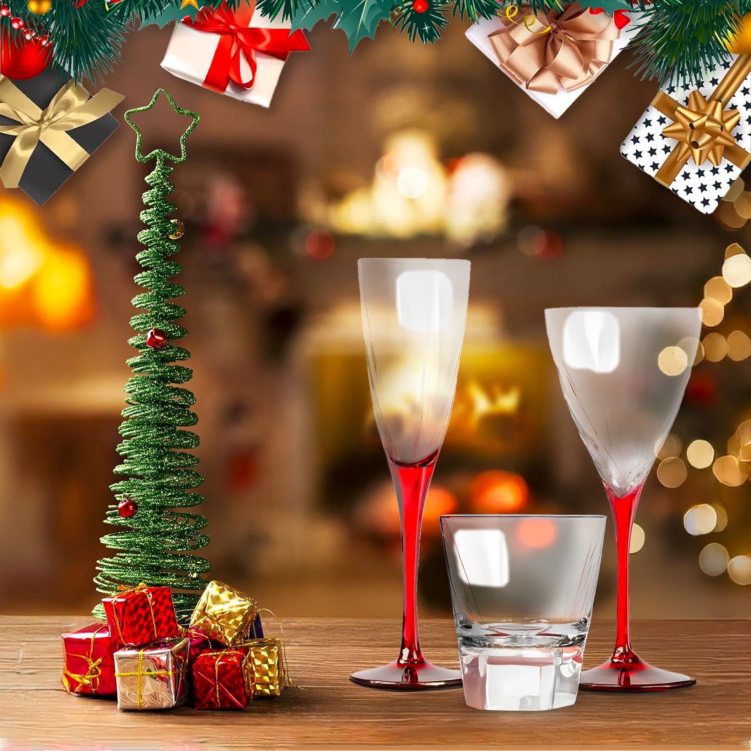 Avilia Set Bicchieri 18 Pezzi - 6 Calici da Vino, 6 Flute Champagne, 6 Bicchieri Acqua, Vetro Trasparente con Dettagli Rossi, Elegante e ideale per Cenoni di Natale e Capodanno