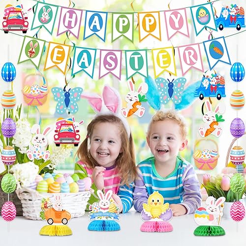 Miniatura 6 de Decoraciones de Pascua, decoración de Pascua, pancarta de Pascua feliz huevo conejo, guirnalda colgante de panal de abeja centro de mesa para el