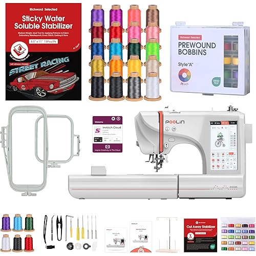 Poolin EOC05 Embroidery Machine 4x9.25in Area with WiFi and 7in Screen, Richword 20 Colors 800M Embroidery Thread, 25 Colors Size A Prewound Bobbins, and Printable Water Soluble Stabilizer 15 Sheets