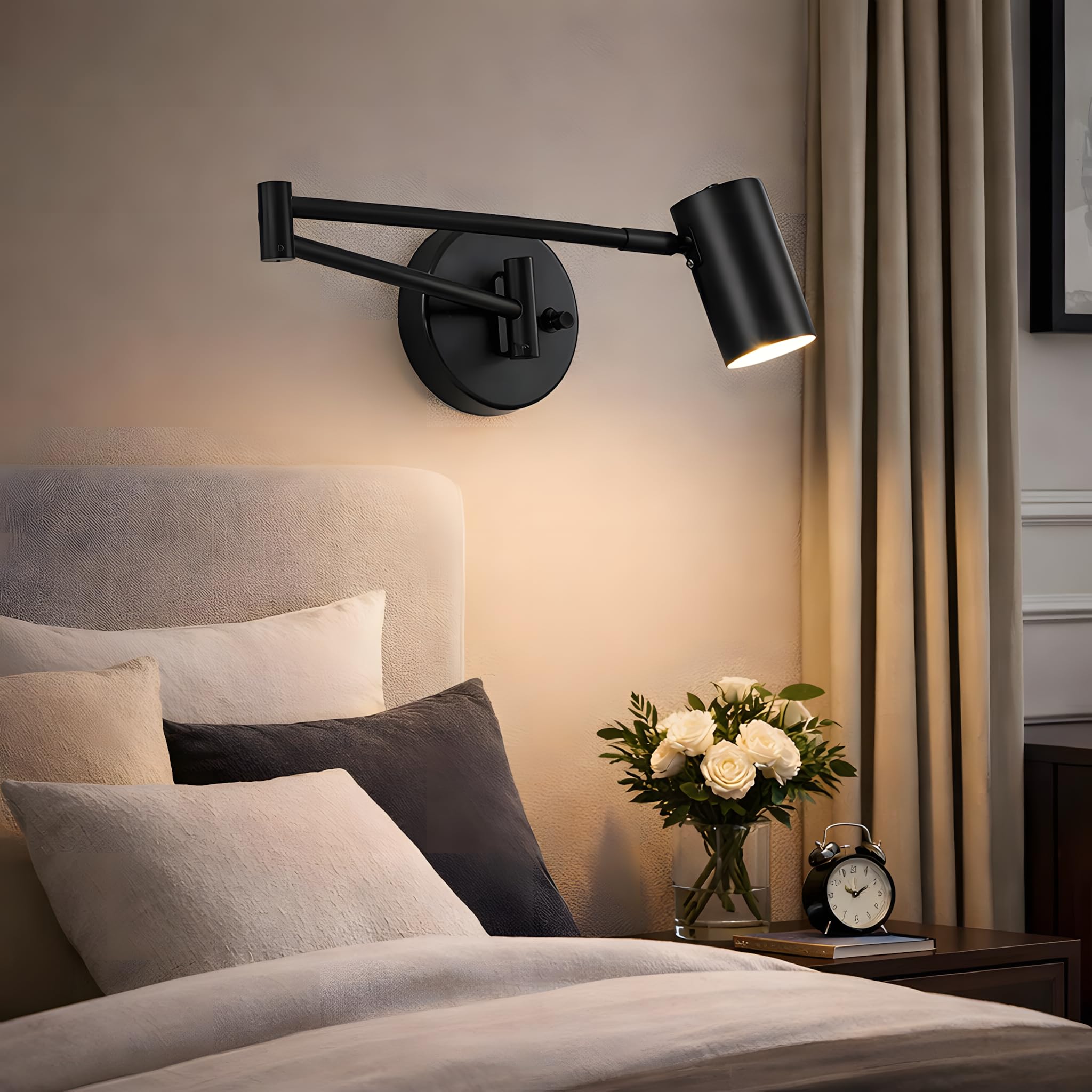 B·LED BARCELONA LED Lámpara de pared negra con brazo articulado, luz de lectura orientable para dormitorio, salón, cabecero de cama y oficina