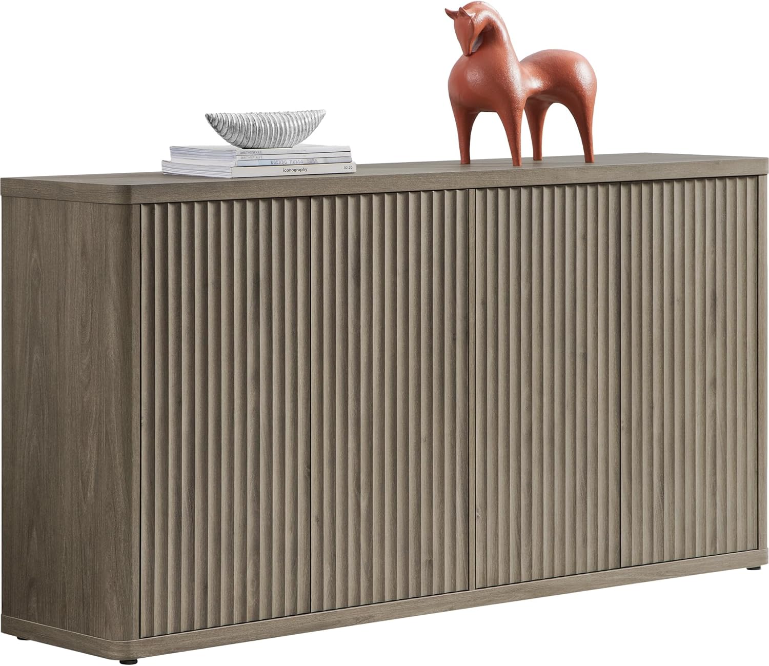 SICOTAS Buffet Cabinet with Storage Accent Sideboard with 4 Doors 66.3" Wide Fluted Credenza Modern Buffet Table Media Console Cabinet Entryway Cabinets for Living Room Kitchen Dining Room Hallway Grey Alder 1 Piece