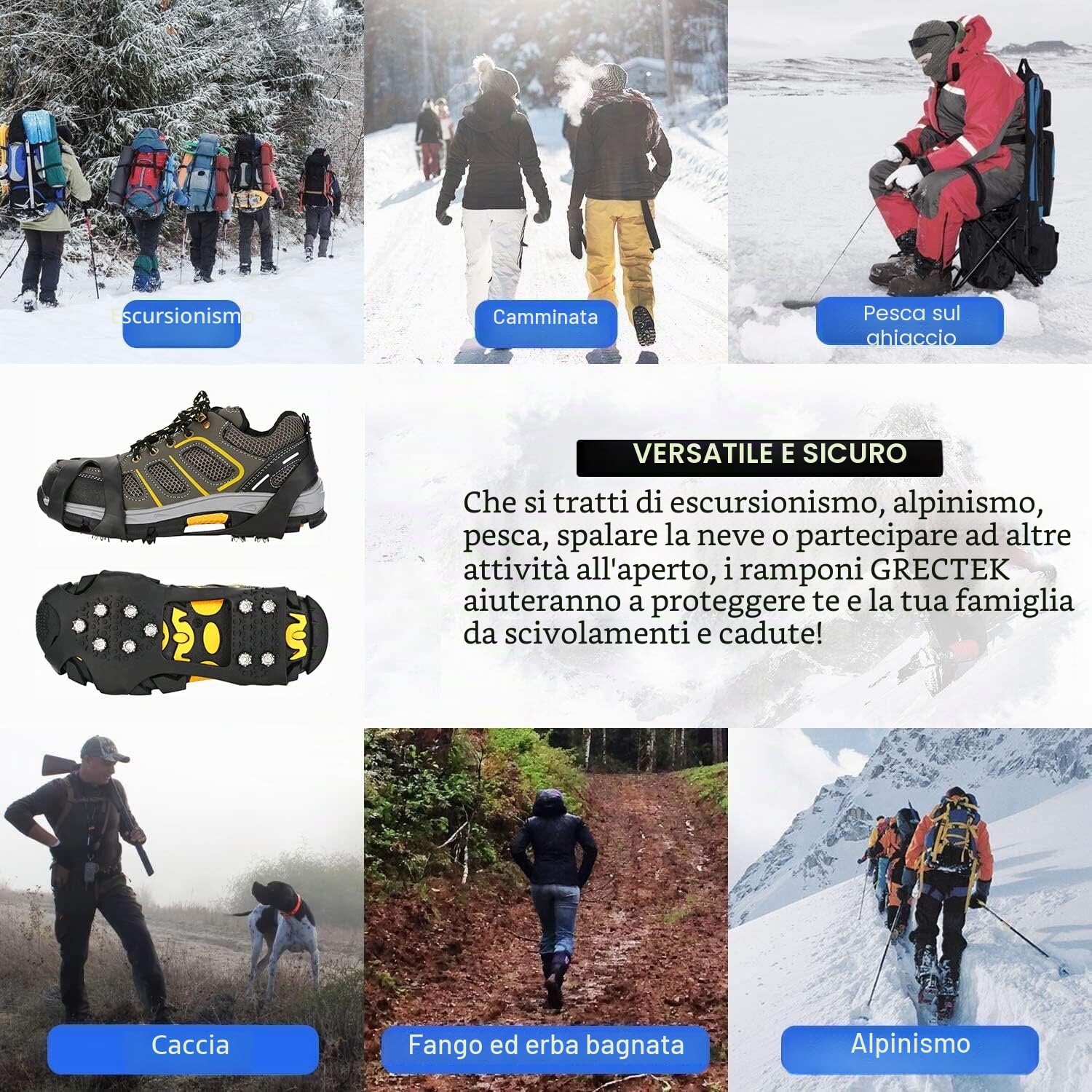 GT10 Leggero Ice Tacchetti,Ramponi da Ghiaccio Antiscivolo, in Acciaio Inossidabile per Scarponi Scarpe Winter Outdoor ​Camping Neve Pesca Caccia Camminare