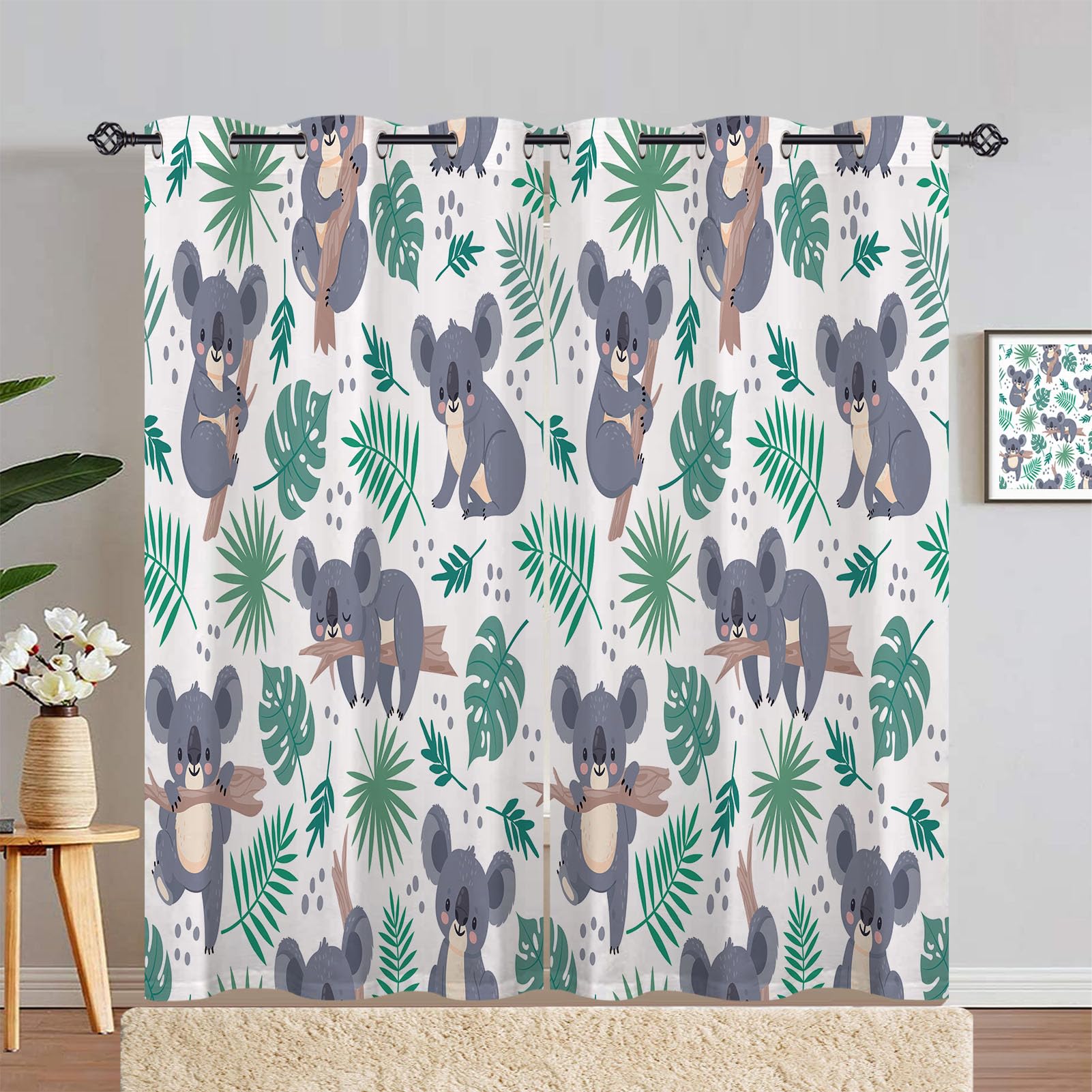 ANHOPE Koala Curtains Eyelet Ring Top Soft Thermal Insulated Blackout Curtains Cute Koala Bear Tropical Leaf Print Pattern Decorative Window Drapes for Bedroom Living Room 55 x 90 Inch 2 Panels โ image 1