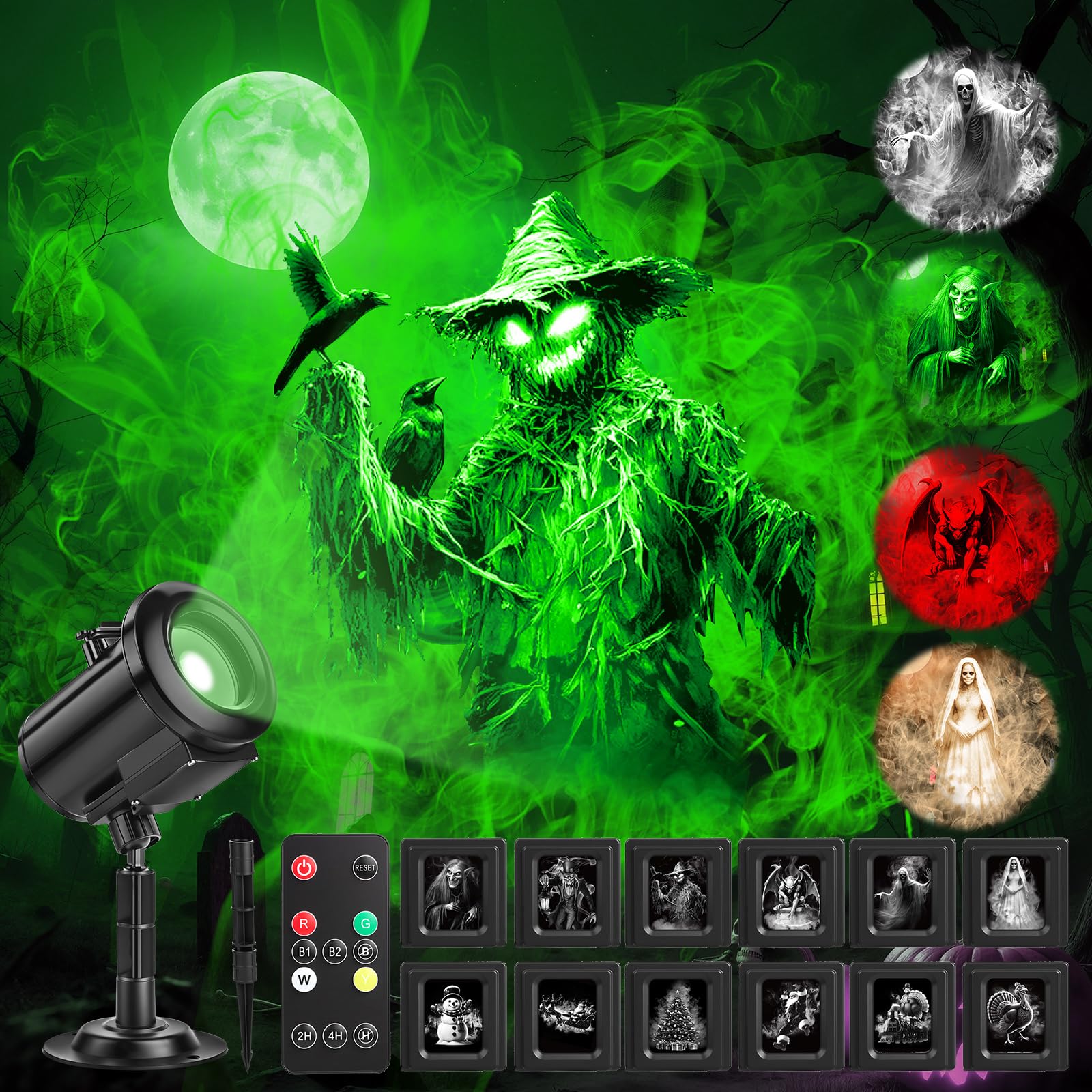 Projecteur de Noël à 12 motifs d'Halloween et de Noël, lumière de décoration dynamique 3D avec 4 couleurs, étanche, projecteur holographique pour fenêtre de maison, décoration de vacances (Halloween