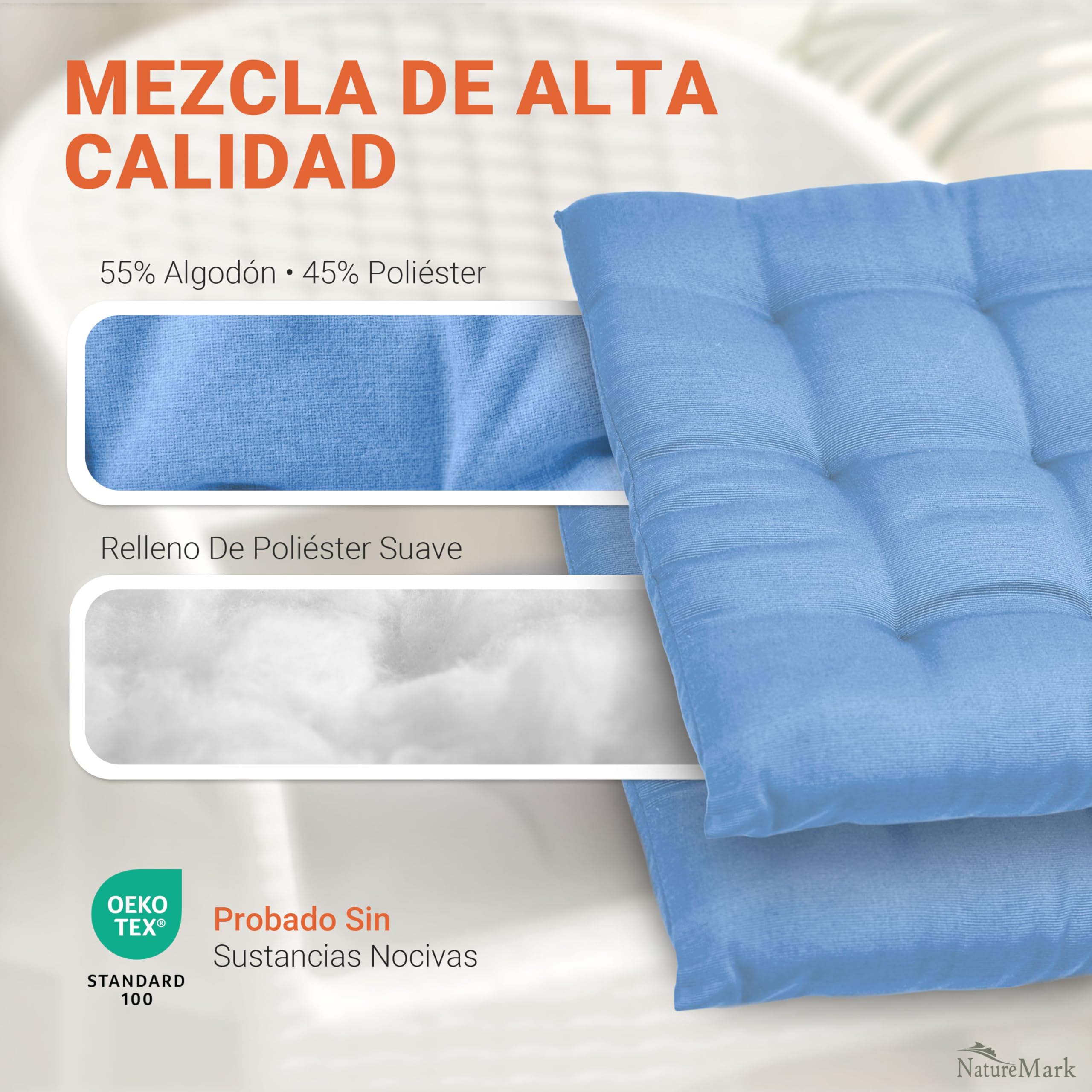 NatureMark Set de 4 Cojines para Sillas con Lazos 40x40 cm – Cojín de Asiento Relleno para Cocina, Jardín y Terraza – Color Azul Claro