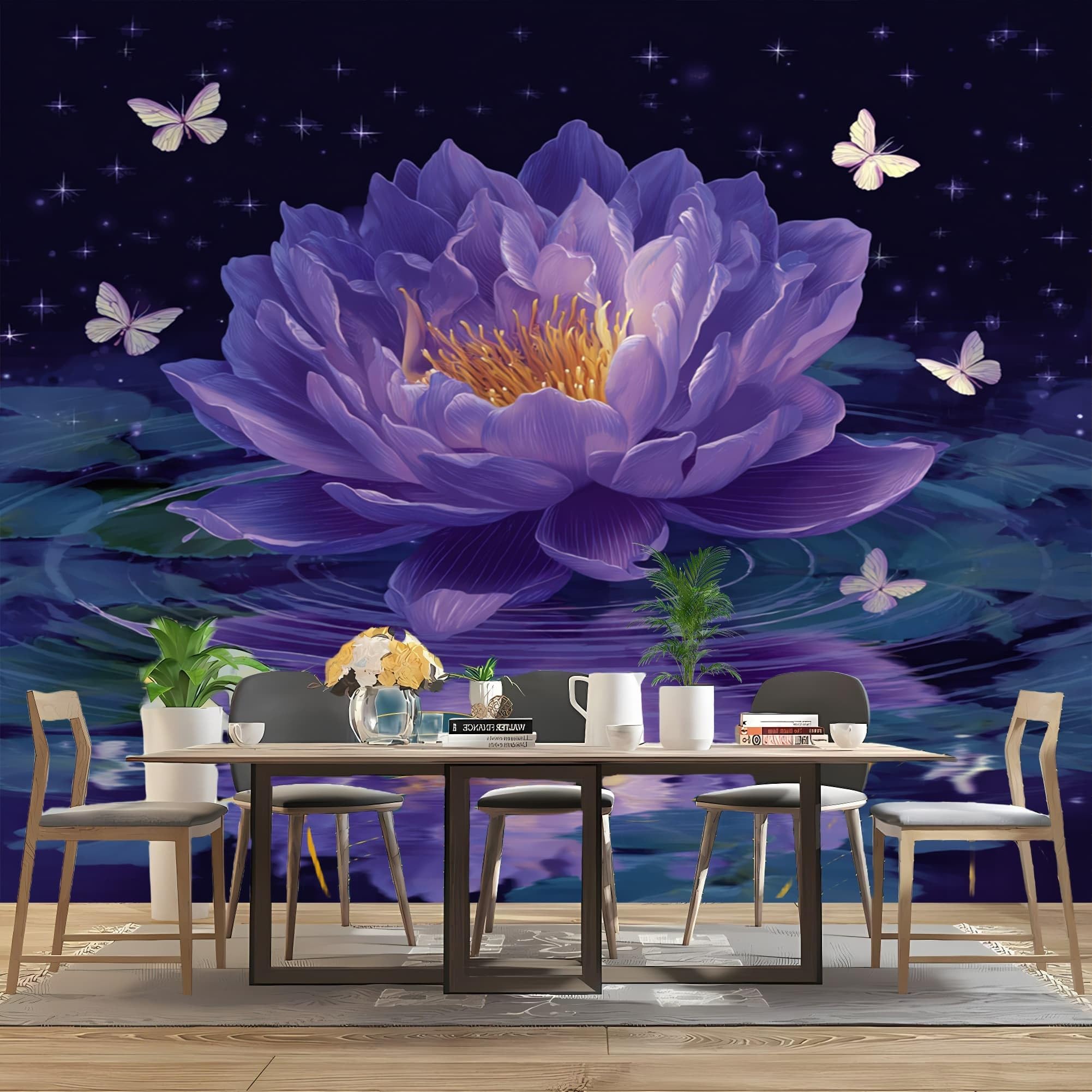 Tapeta HD malowidła ścienne 250 x 175 cm malowany wzór motyla lotosu 3D nietkana fototapeta do sypialni salonu dekoracja ścian, fioletowa, odporna na porosty, łatwa w instalacji, artystyczna naklejka