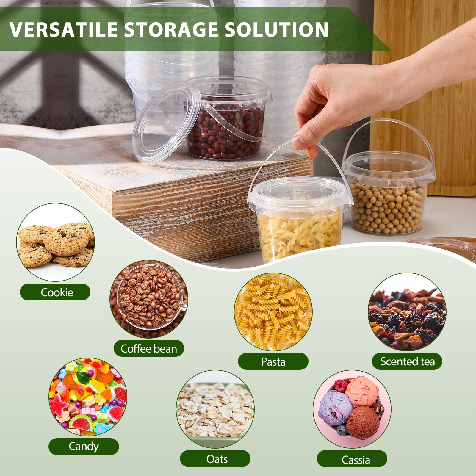 Mifoci 50 cubos de plástico transparente para alimentos, redondos, reutilizables, con tapas y asas, herméticos, de plástico transparente, congelador, cubo reutilizable para cocina, bebidas y hogar (8