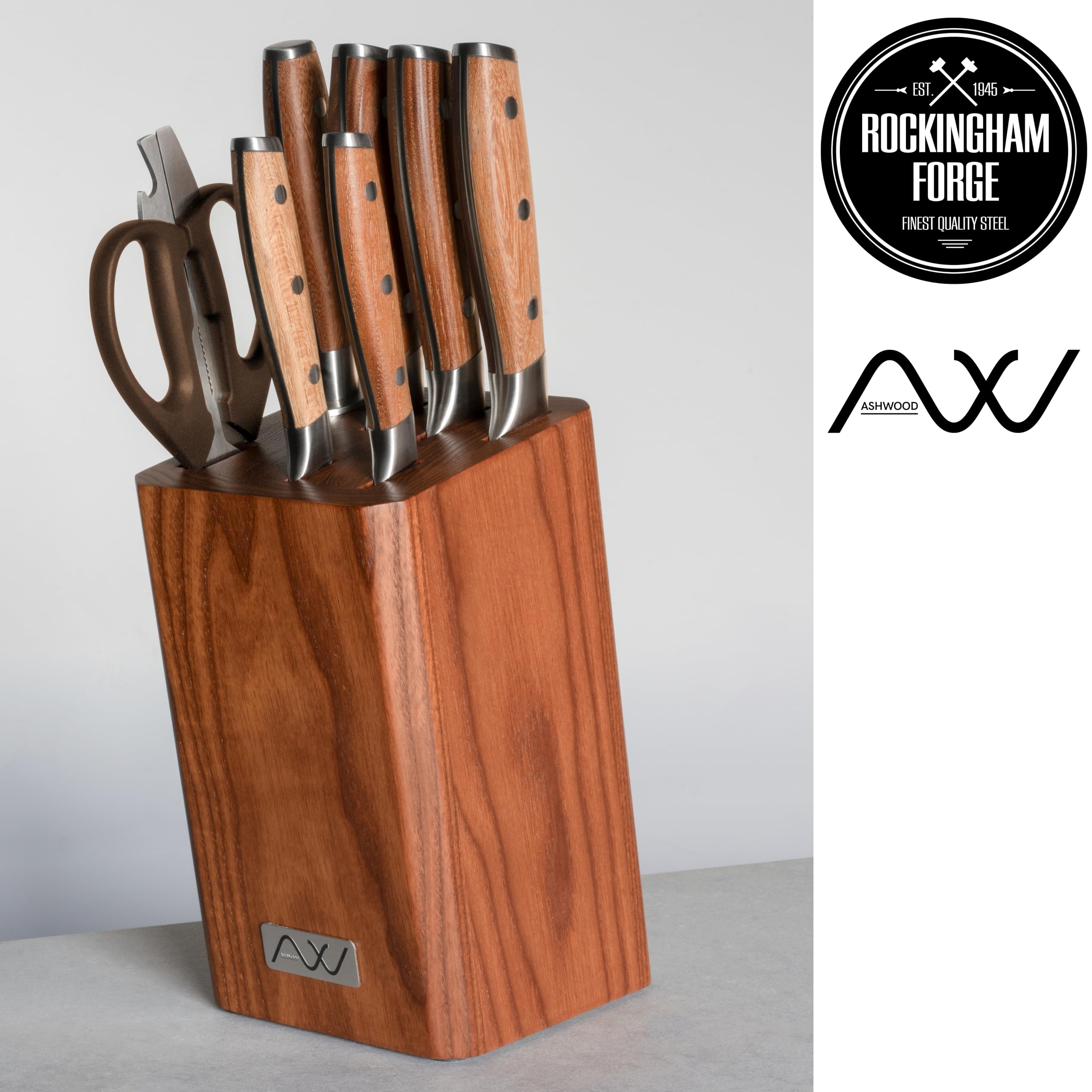 Rockingham Forge Ashwood Juego de 8 Cuchillos de Cocina de Madera con Afilador y Tijeras - Hojas Profesionales de Acero Inoxidable Alemán Ultraafiladas y Mango Duradera con Espiga Completa