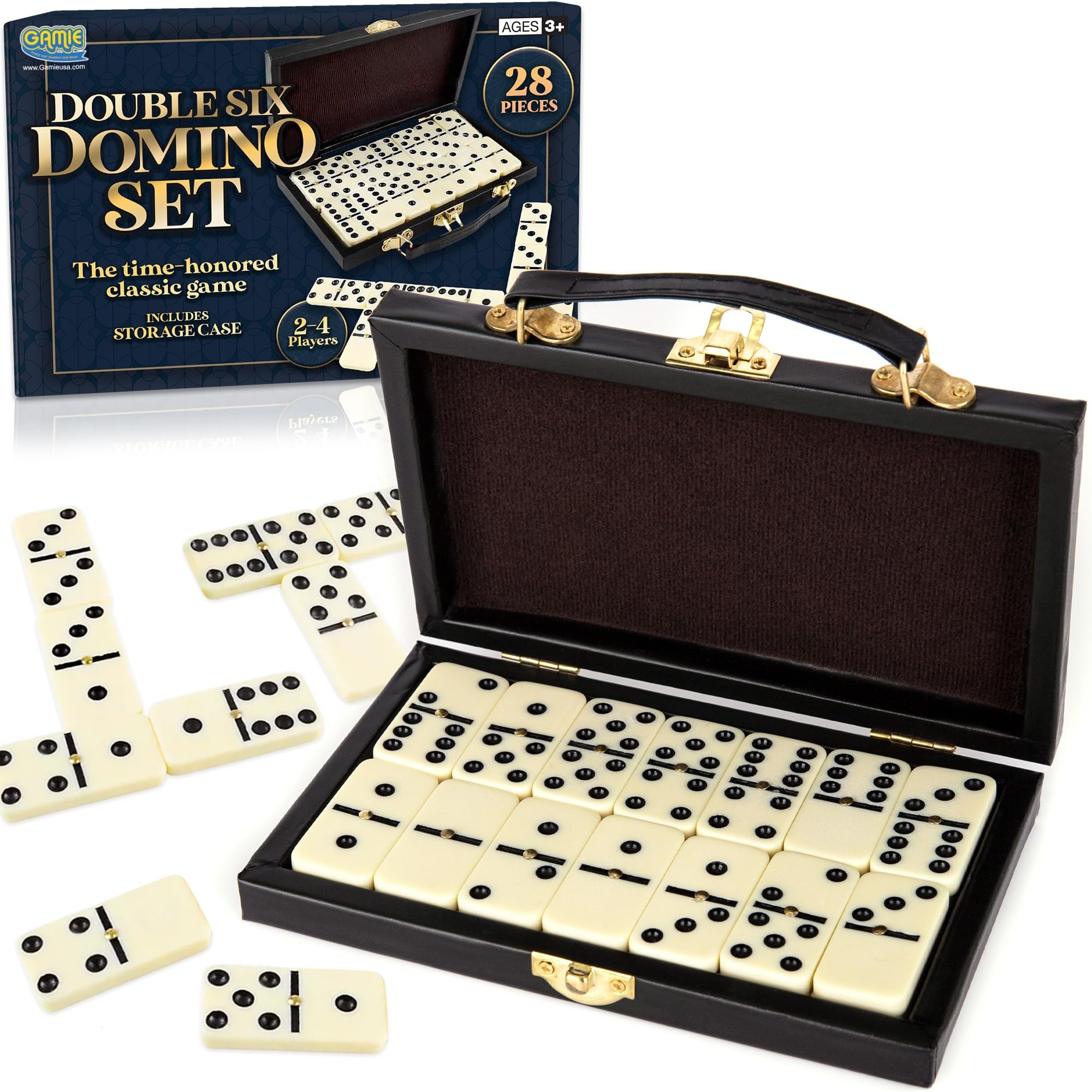 Gamie Double Six Dominos Set for Adults, Game in Faux Leather Case, 28 Domino Tiles for Boys and Girls, Fun Educational Toy Classroom Kit, Classic Dominoes Set for Adults for Travel and Birthday Gift