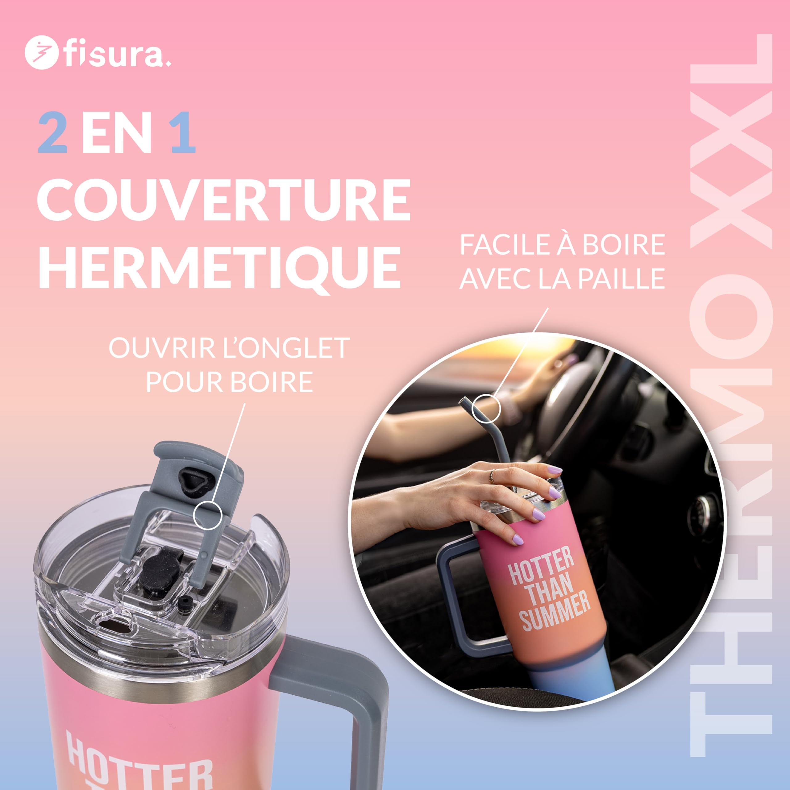 Fisura – Bouteille d’eau isotherme 1,2 L "Hotter Than Last Summer". Gourde thermique rose en acier inoxydable. Sans BPA. Conserve 24h le froid / 12h la chaleur. Avec paille intégrée. 9,8 cm x 27,8 cm.