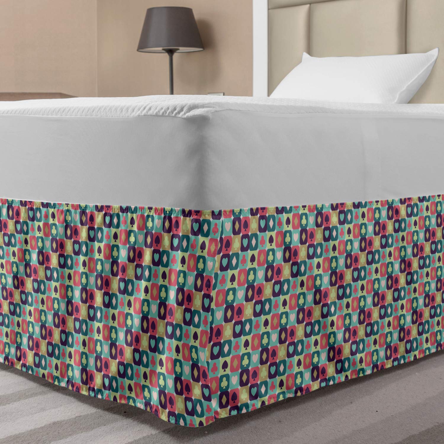 Lunarable Casino Bed Skirt Jackpot Fun Themed Fortune and Wealth Lifestyle Repetitive Design Illustration Elastic Bedskirt Dust Ruffle