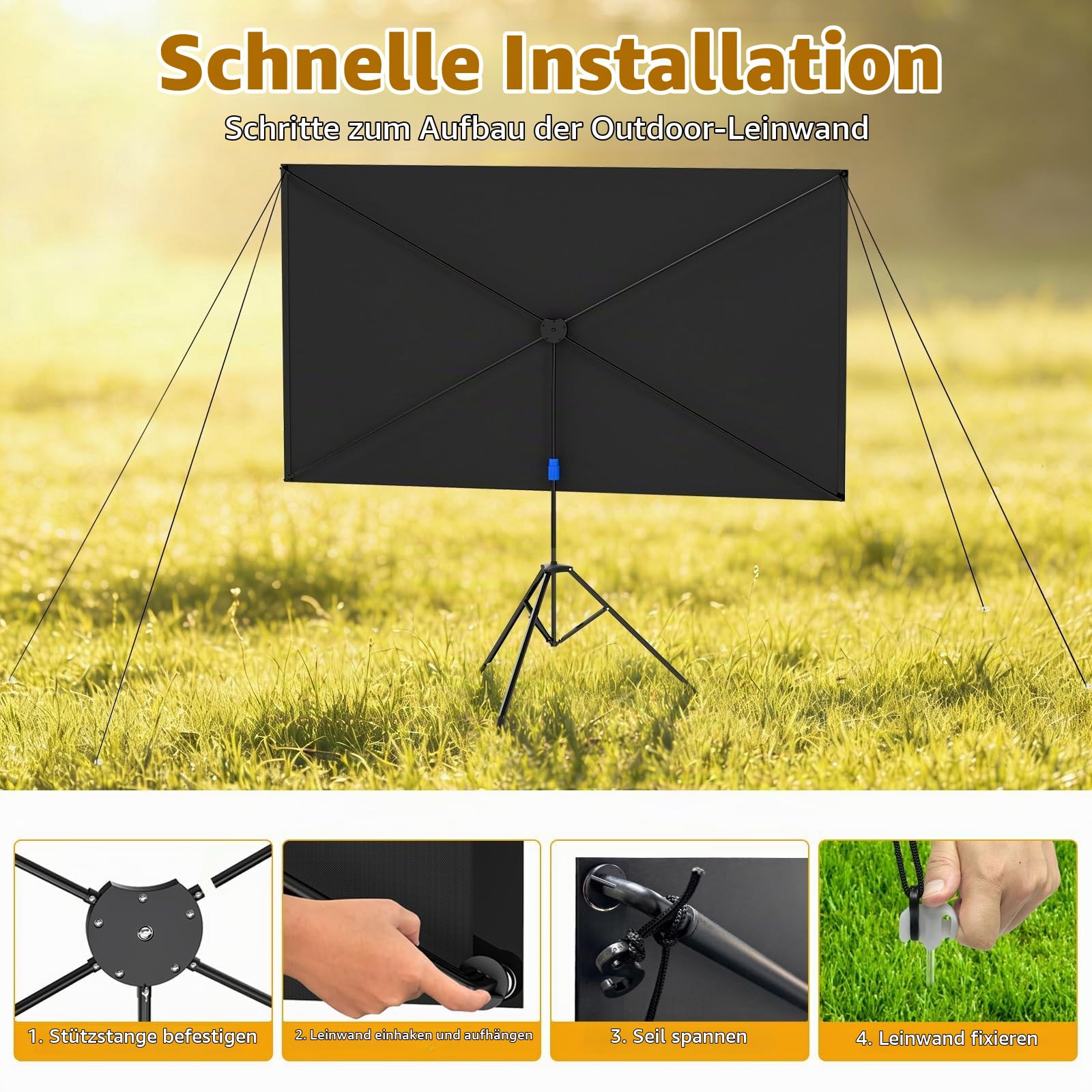 WASJOYE 100 Zoll Beamer Leinwand mit Stativ,16:9 4K HD Beamer Leinwand Outdoor,Windresistentes Design für Projektionsleinwand,inkl.Heringen Seilen,für Home Party, und innen/außen Filme,222 * 125cm
