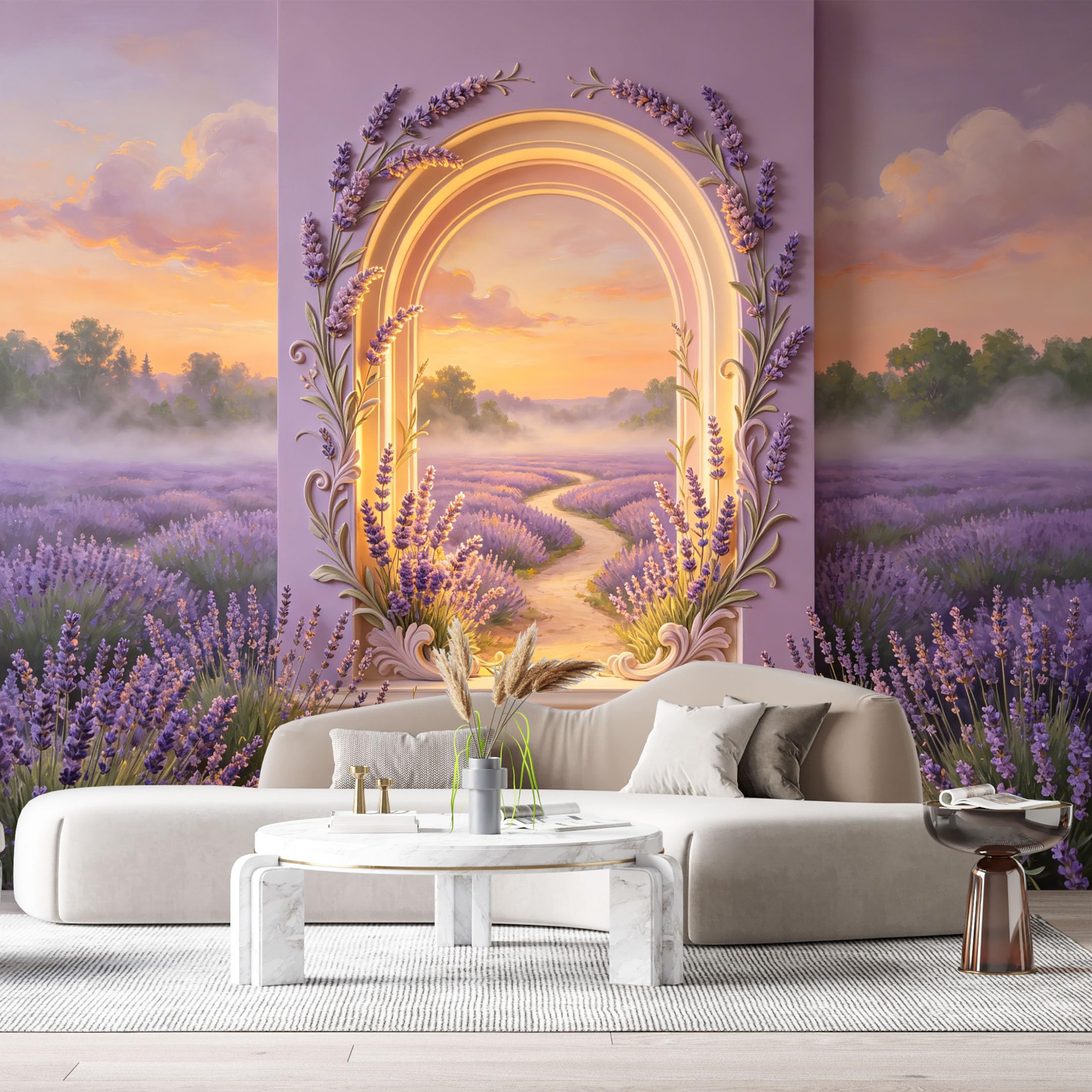 Custom Size Wall Murals Lavender Flower Field Landscape Sunset Archway 3D Trompe L'Oeil SelfAdhesiveWall Fabric Removable Wallpaper Wall Decor for Living Room Bedroom Bathroom